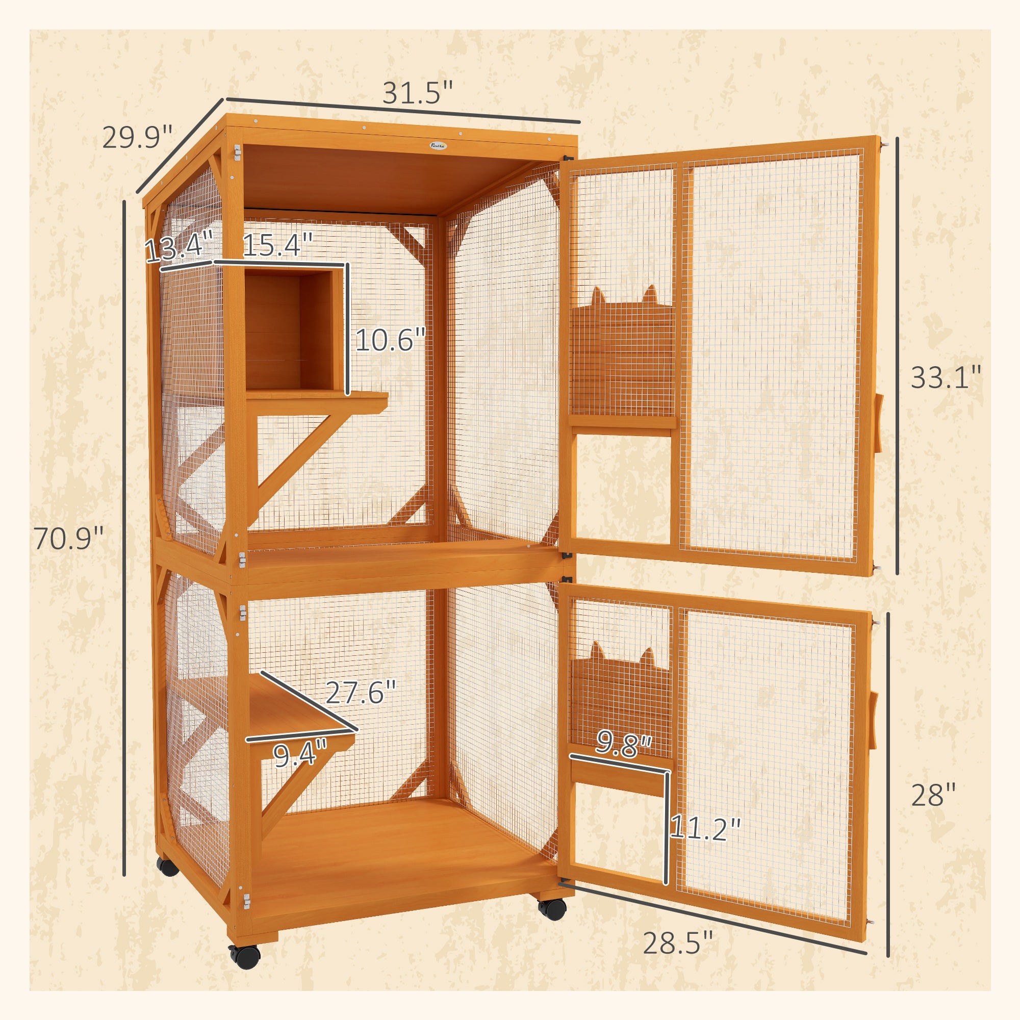 Large Cat House for 1-3 Cats on Wheels Wooden Catio Enclosure Orange - Orange - Image 3