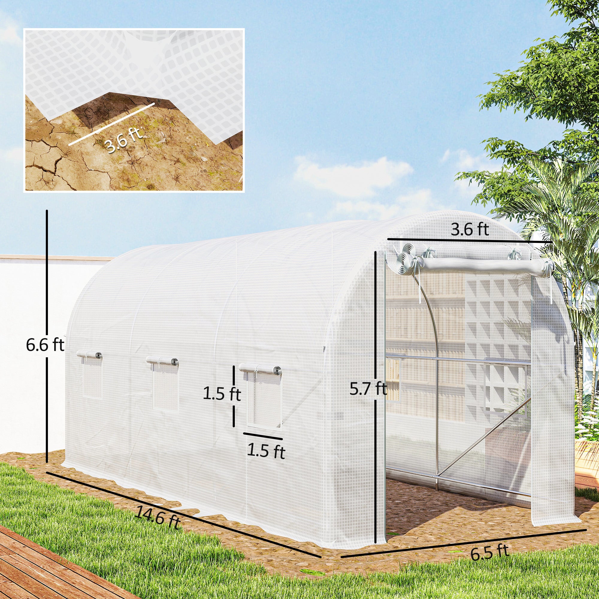 Hoop House Greenhouse, Walk-in Tunnel Greenhouse with 2 Support Rods, Zippered Roll-up Mesh Door, 14.6'x6.5'x6.6', White - White - Image 3