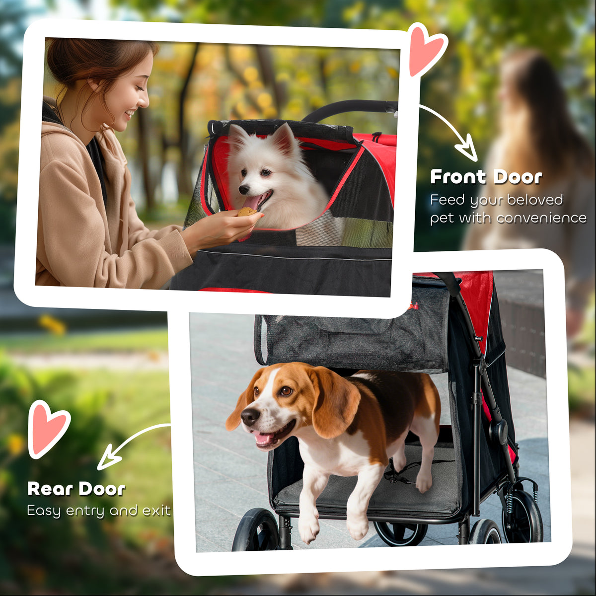Dog Stroller for Large Medium Small Dogs up to 66 Lbs. 23.5" in Body Length, One-Click Foldable Pet Cat Stroller with Storage, Shock Absorption Wheels, Mesh Window, Safety Leash, Red