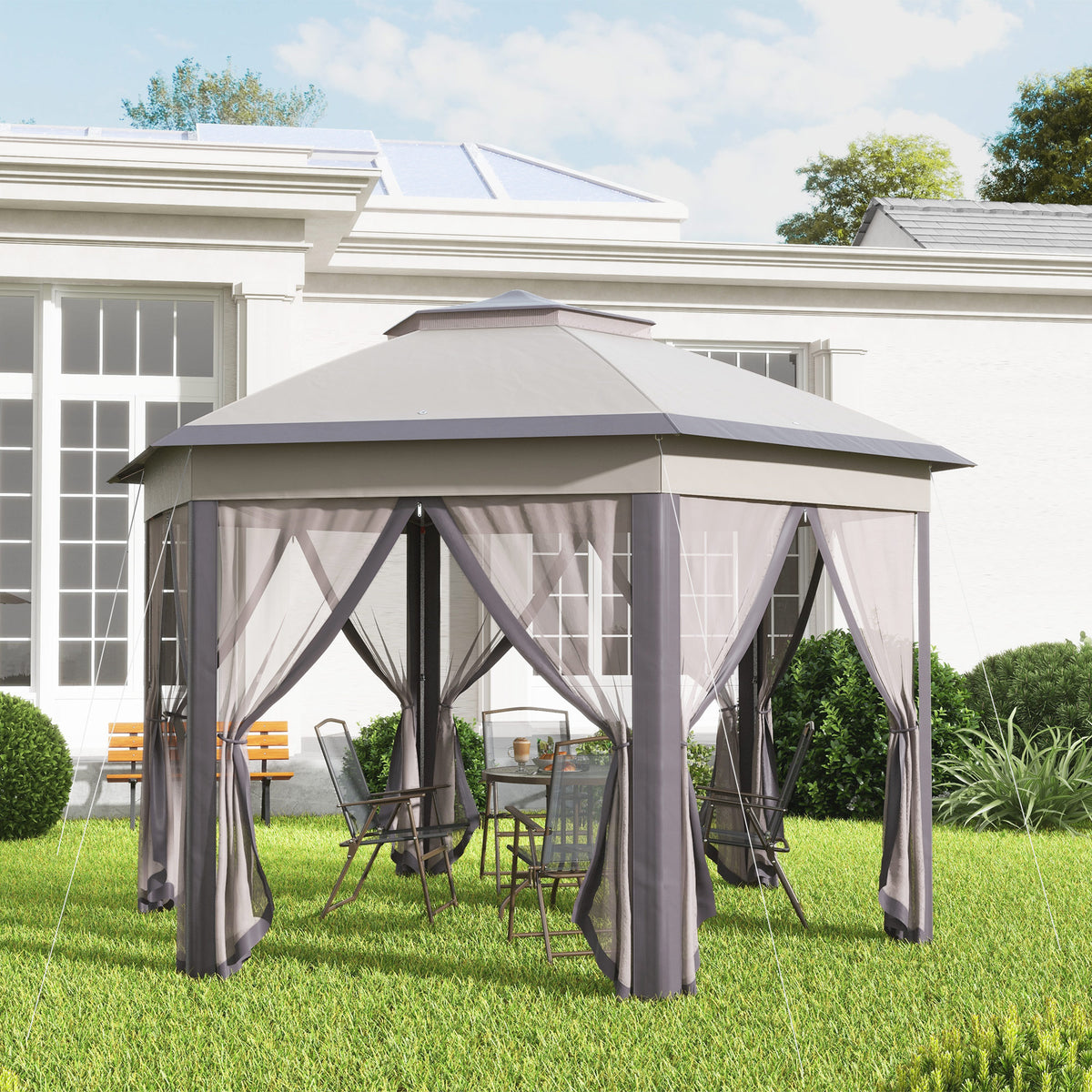 13' x 13' Pop Up Gazebo Hexagonal Canopy Shelter with 6 Zippered Mesh Netting for Patio Backyard Garden Wedding Party