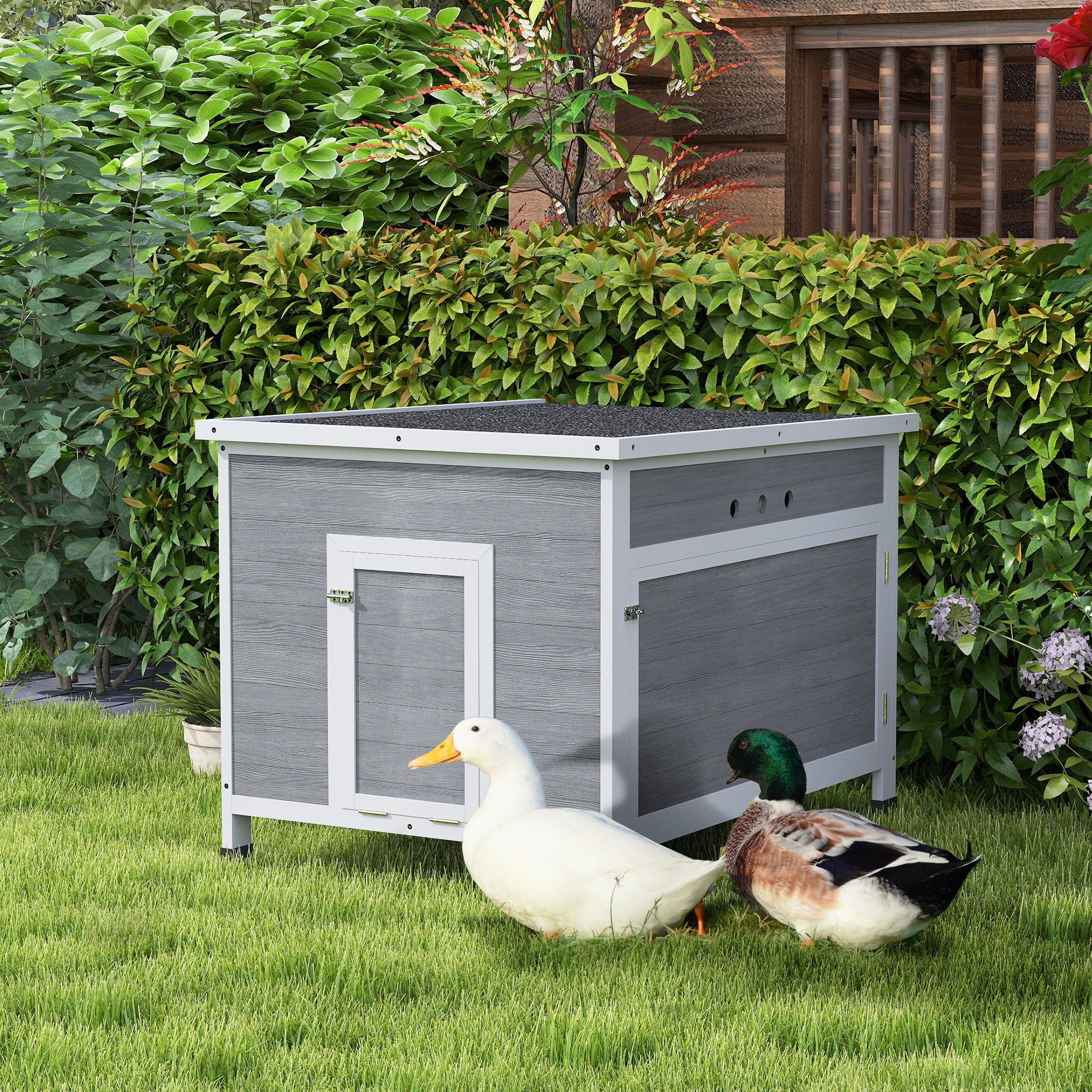 Wooden Duck Coop with Openable Roof, Removable Floor, Double Doors, Ramp, for 3-6 Ducks, Chickens, 30" x 38" x 30" - Light Gray - Image 2