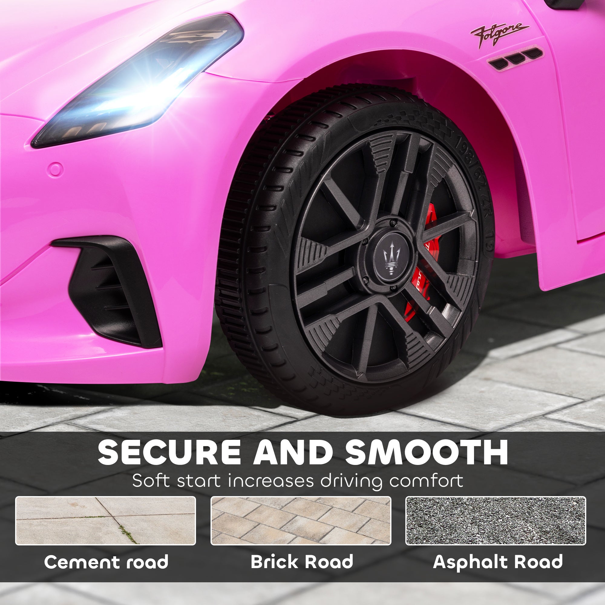Maserati Gran Turismo Licensed 12V Kids Electric Car w/ Remote Control, Soft Start, LED Lights, Music, Horn, Pink