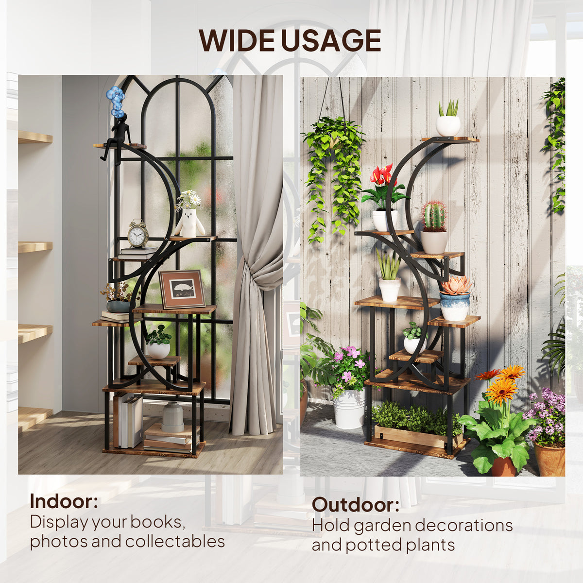 Plant Stand Indoor, 8 Tier 62" S-Shaped Plant Shelf, Corner Plant Rack for Multiple Plants, Carbonised Finish