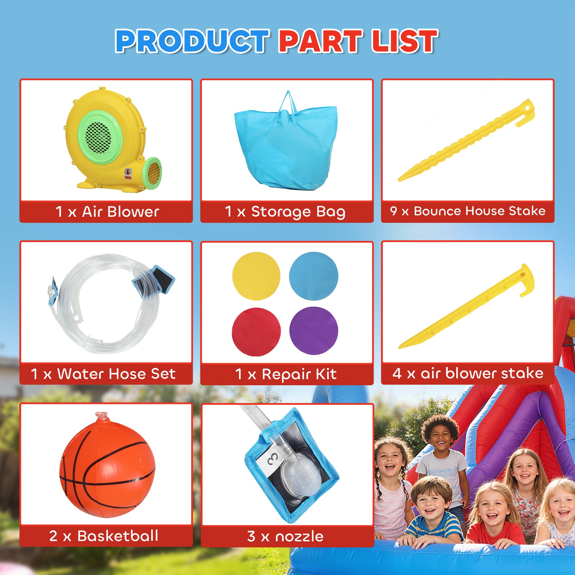 Inflatable Water Slide 6 in 1 with 480W Blower, Bounce House with Climbing Wall, Splashing Pool, Basketball Hoop