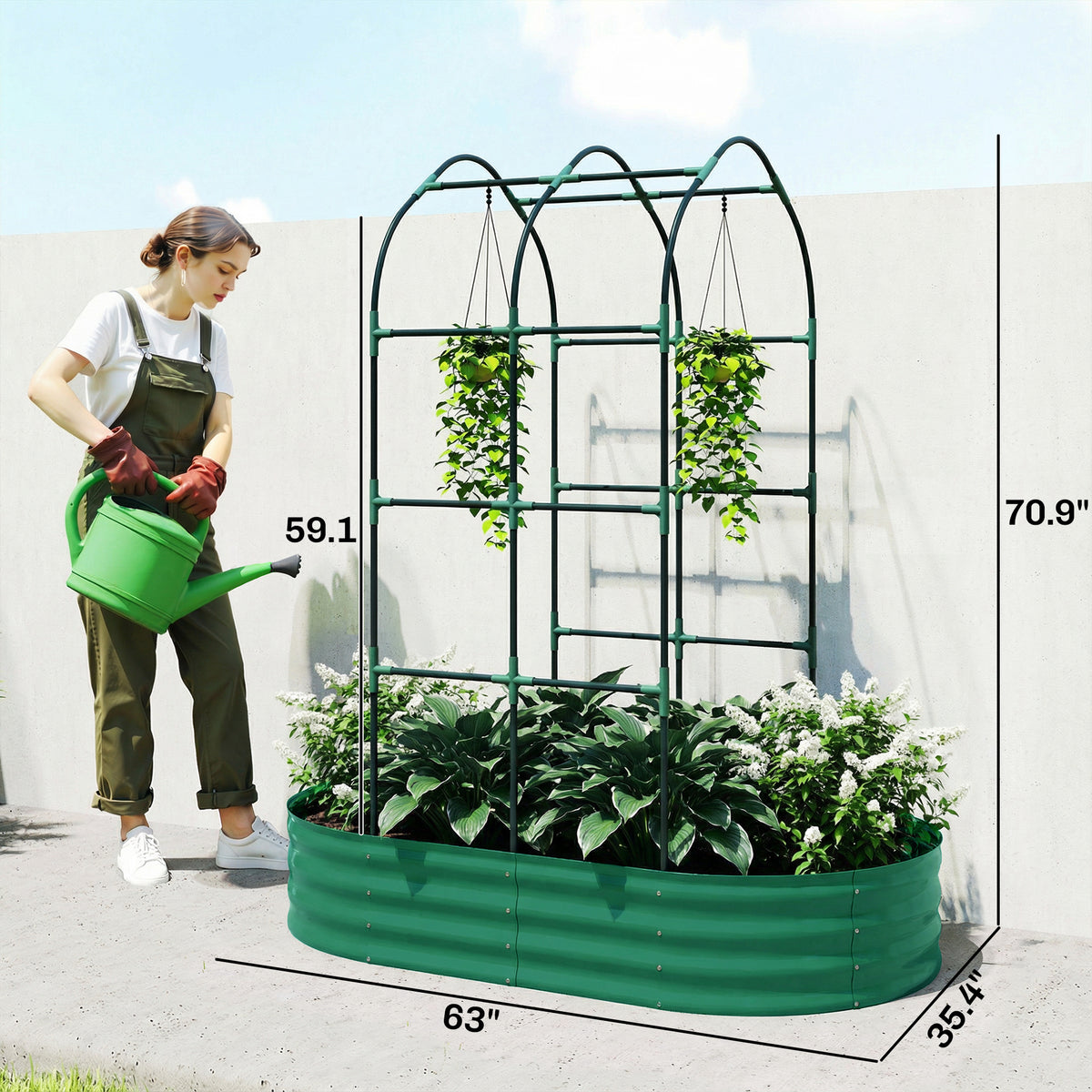 Galvanised Raised Garden Bed with Arched Trellis, 5 x 3 x 6ft Metal Outdoor Planter Box with Open Bottom, Green