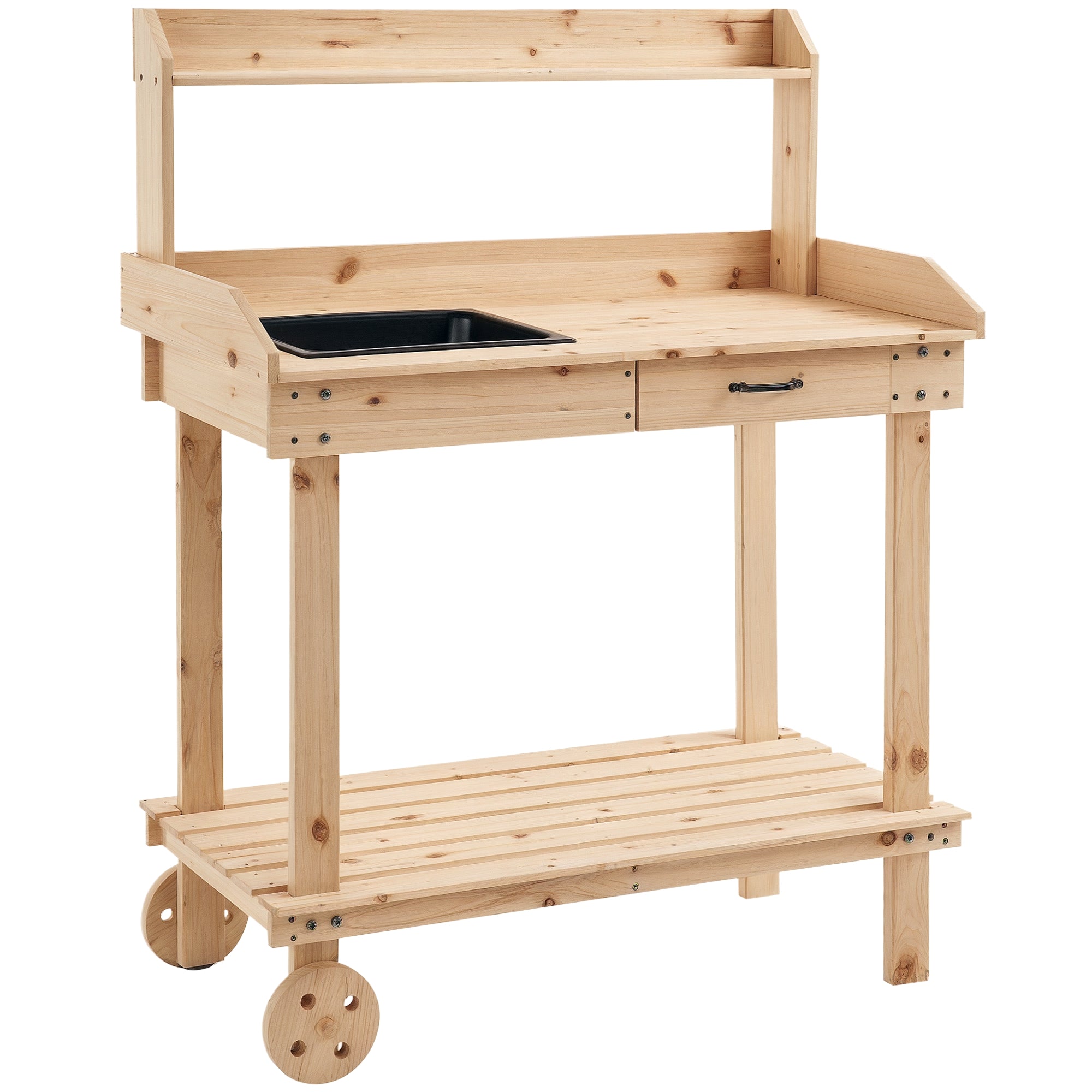 36" Wooden Potting Bench Work Table with 2 Removable Wheels, Garden Workstation with Removable Sink, Drawer & Large Storage Spaces, Natural - Natural Wood