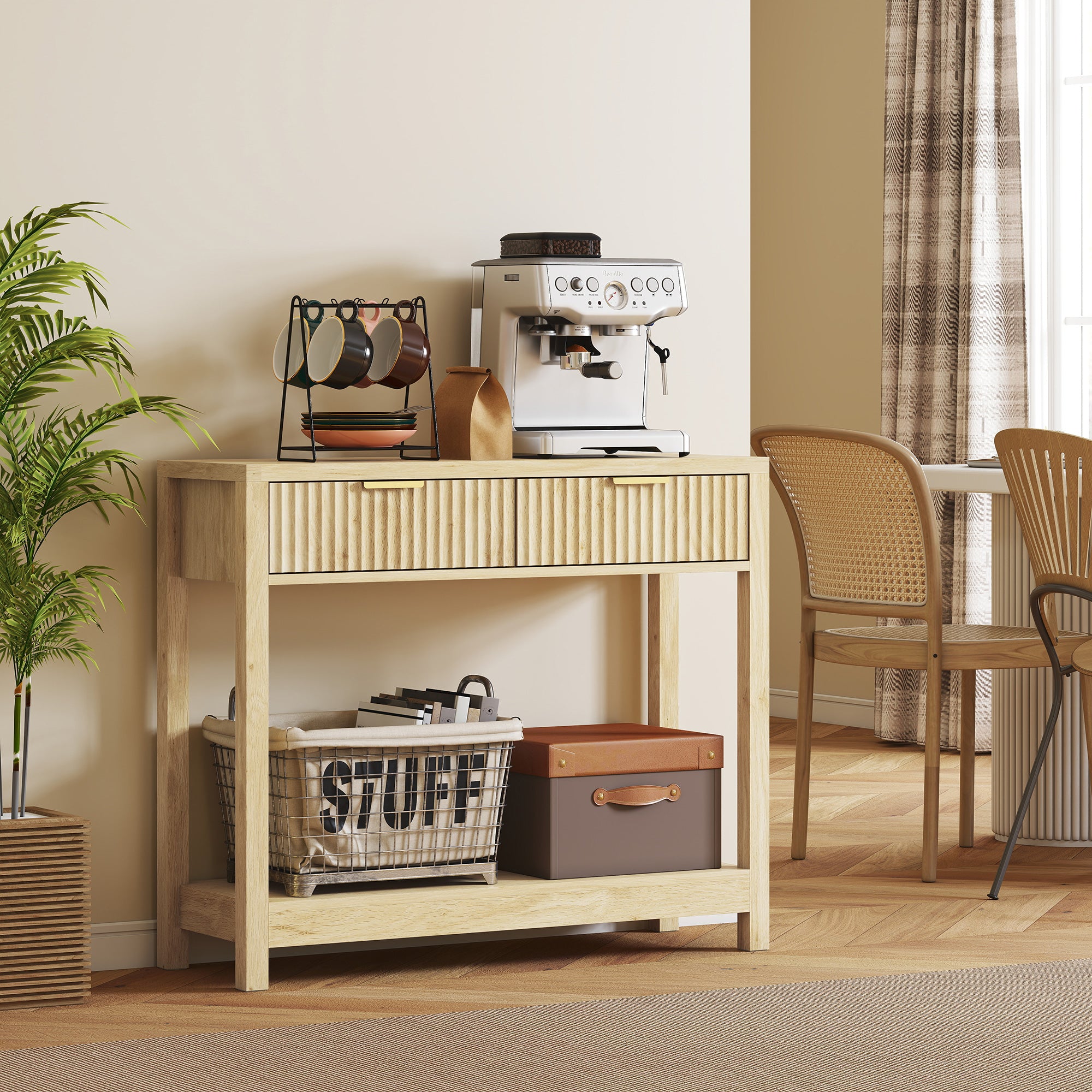35" Console Table with Storage, Narrow Entryway Table with Fluted Panel Drawers and Shelf for Hallway, Natural