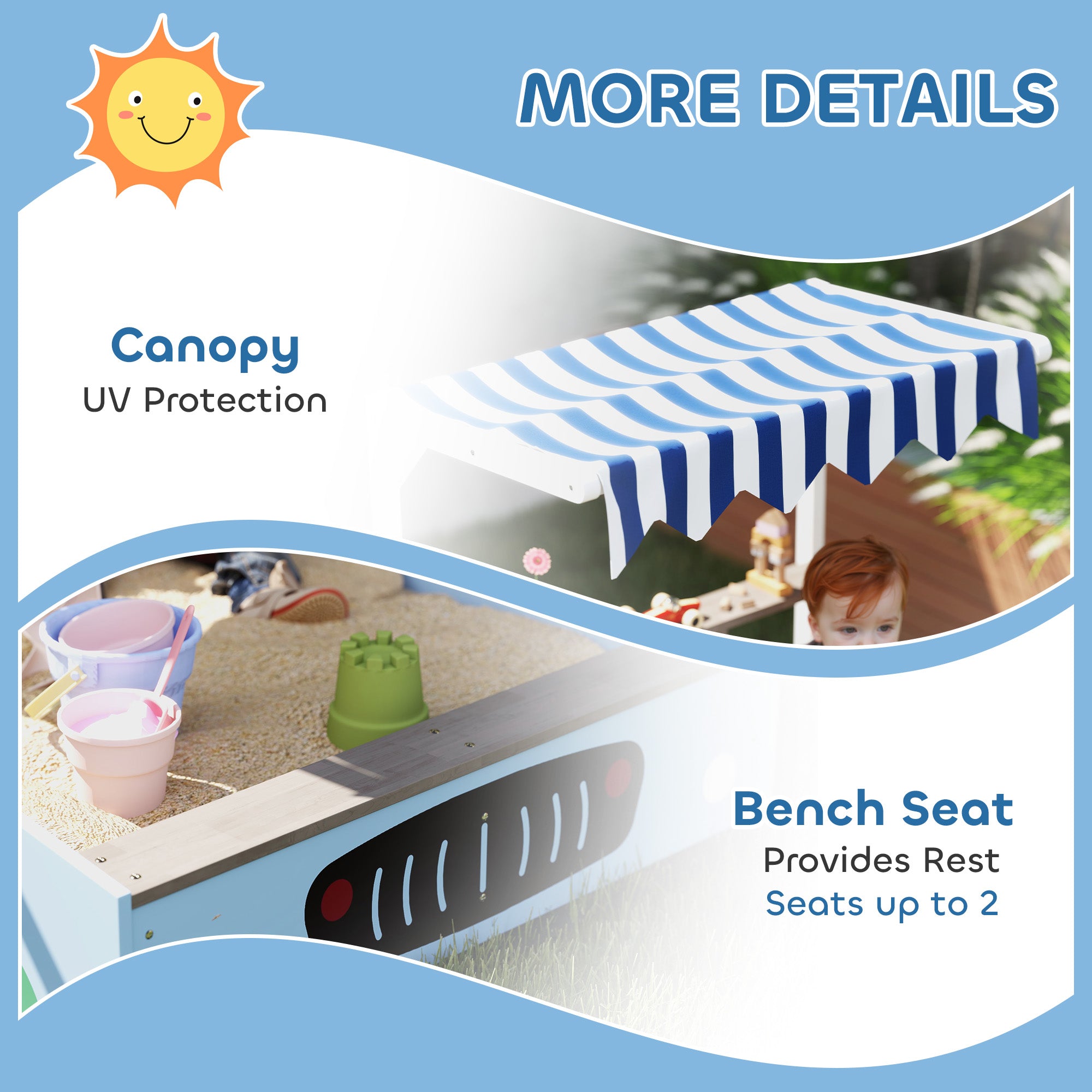 Kids Wooden Sandbox with Canopy with Bench Seats, Bottom Liner, Drawing Board, Planting Boxes for Backyard, Garden, Blue