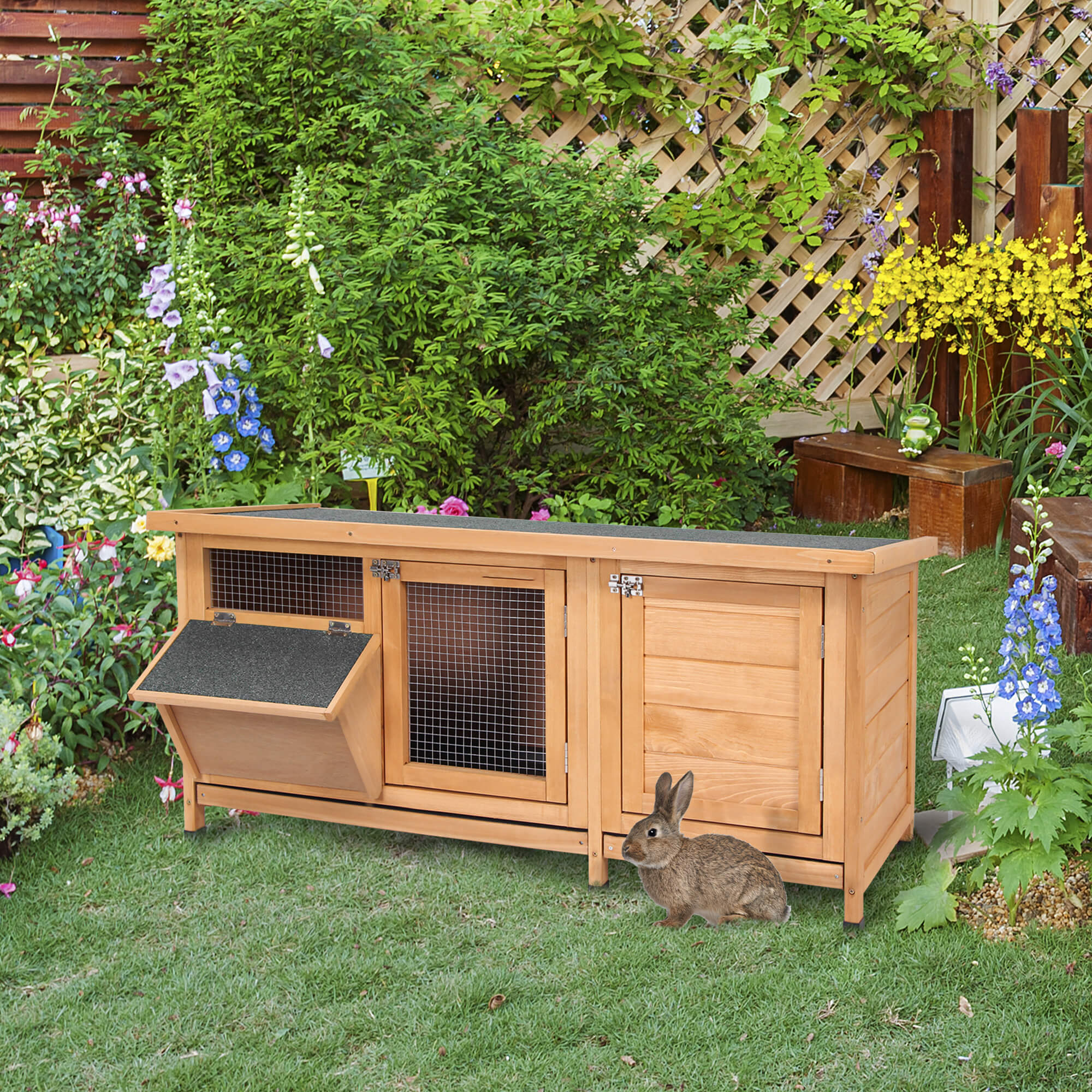 Large Bunny Hutch, Rabbit Cage with 2 Outside Areas and 1 Main House for Small Animals, Yellow - Yellow - Image 2