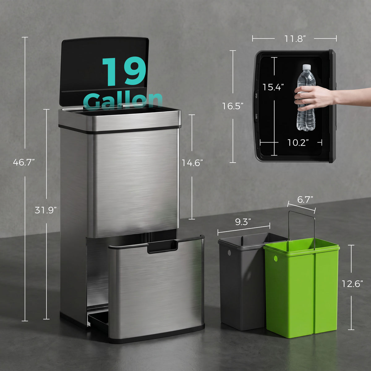 Kitchen Bin 3 Compartments Motion Sensor Trash Can Infrared Lid Stainless Steel 19 Gal Silver