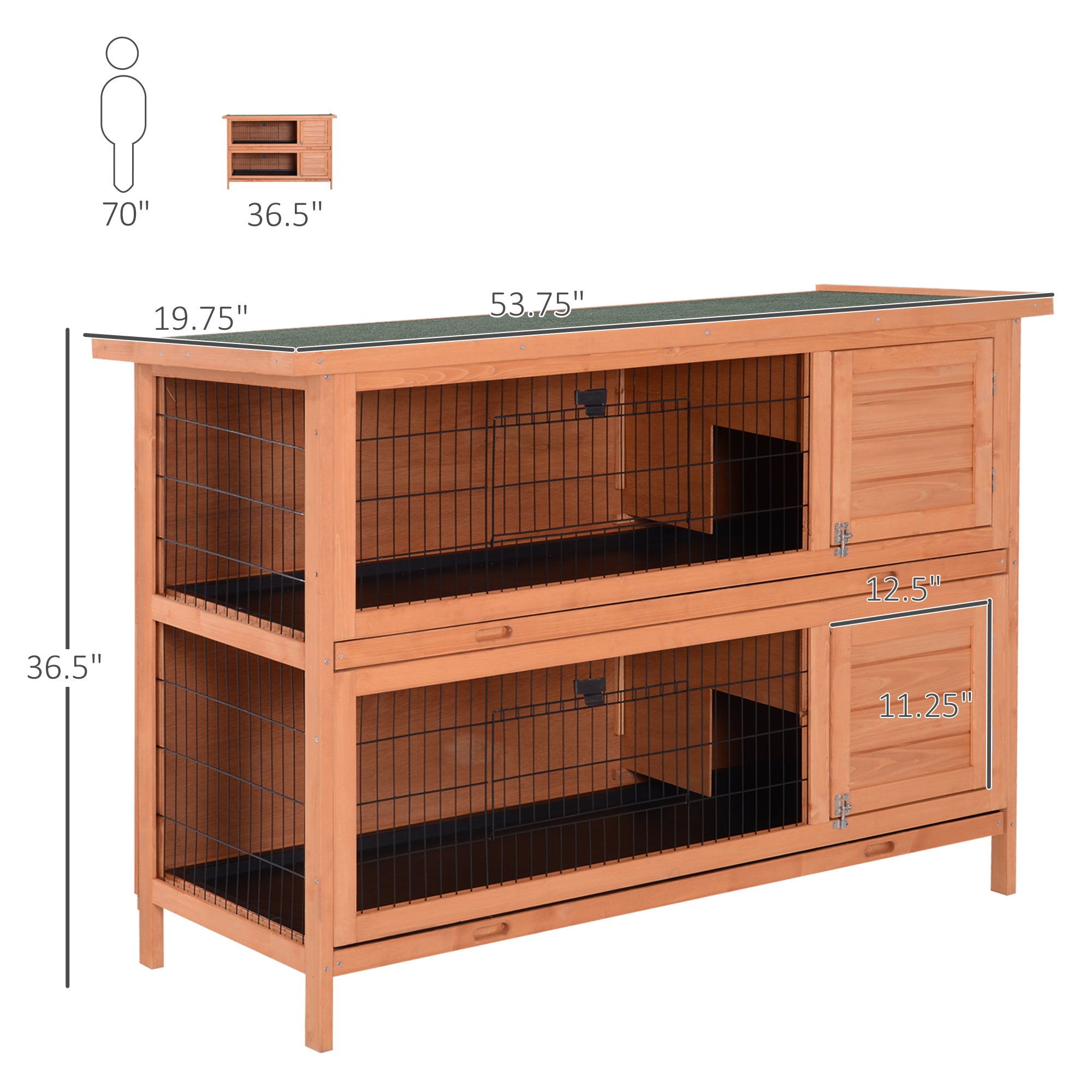 54" 2-Story Large Rabbit Hutch Bunny Cage Wooden Pet House Small Animal Habitat with Lockable Doors, No Leak Tray and waterproof Roof for Rabbits, Chickens, Ducks, Outdoor/Indoor Natural - Orange - Image 3