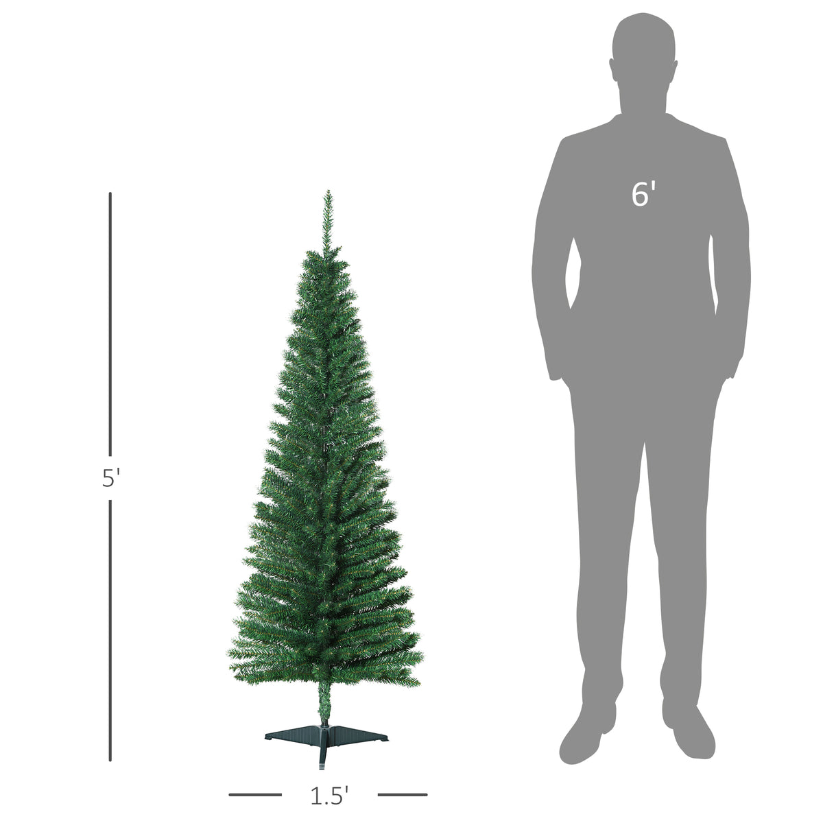 5' Artificial Pencil Christmas Tree, Slim Xmas Tree with 294 Realistic Branch Tips and Plastic Stand, Green