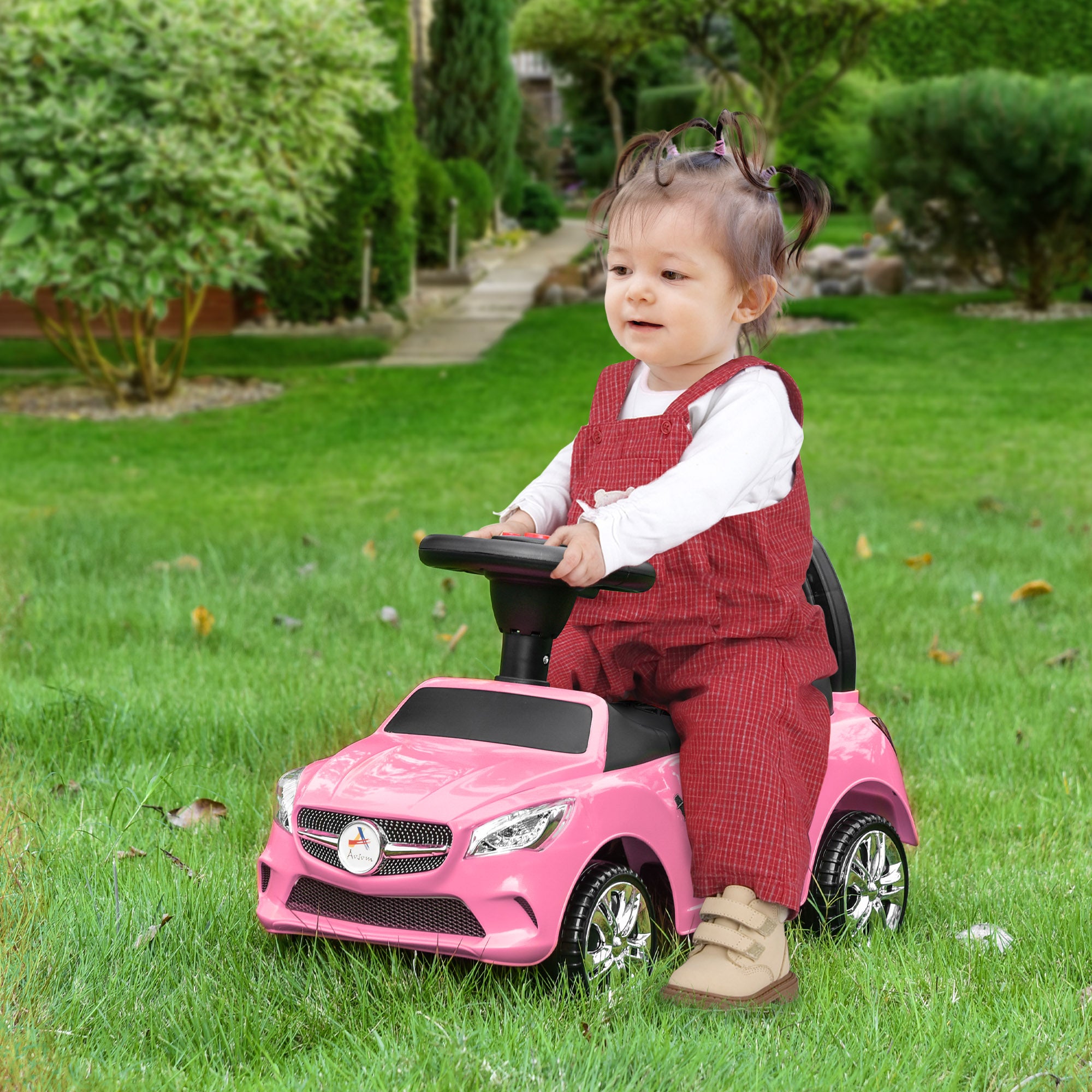 Kids Ride On Push Car, Foot-to-Floor Walking Sliding Toy Car for Toddler with Working Horn, Music, Headlights and Storage, Pink