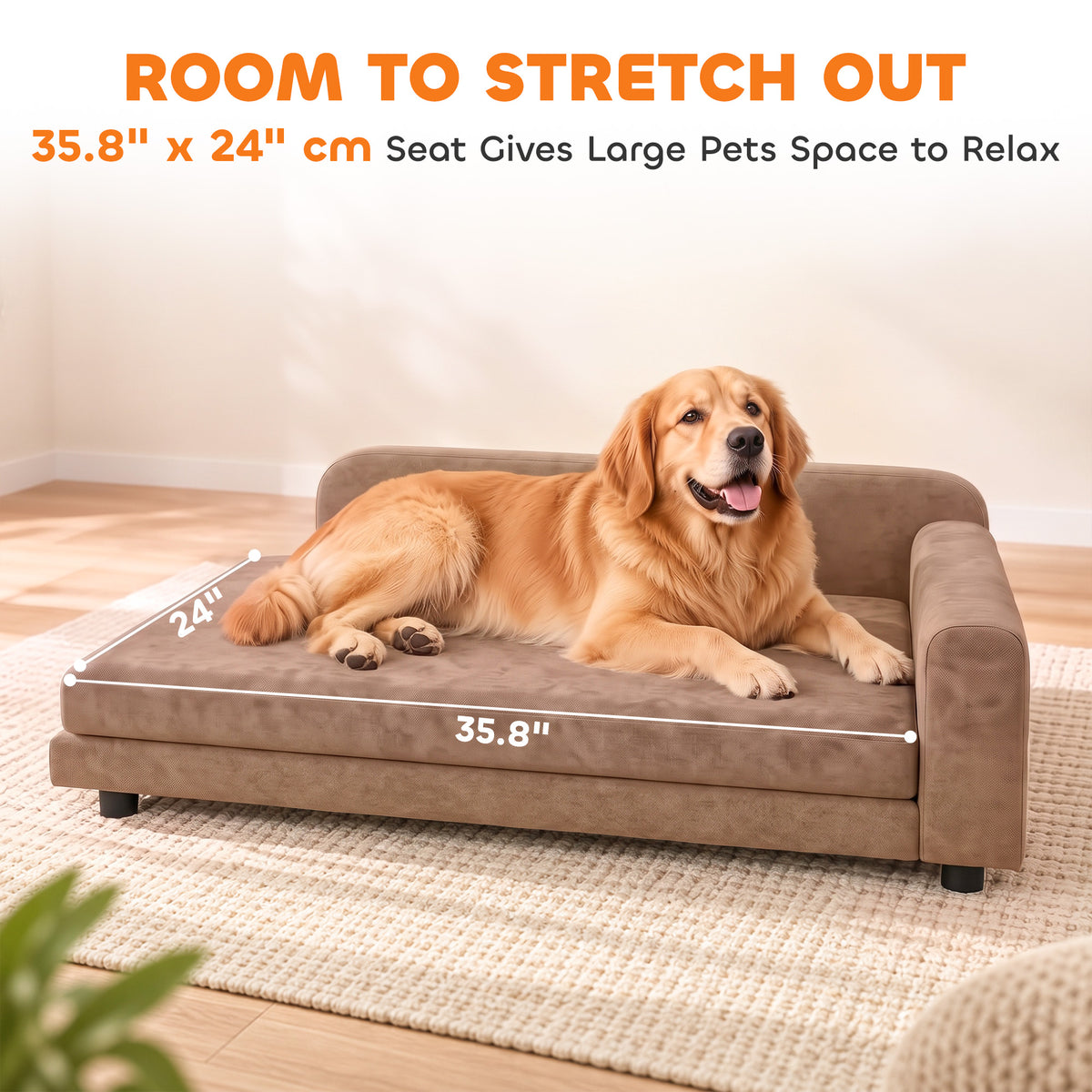 Dog Bed for Large Breeds, Soft Velvet Dog Couch with Removable Cushion, Backrest, Armrest and Low Feet, Brown