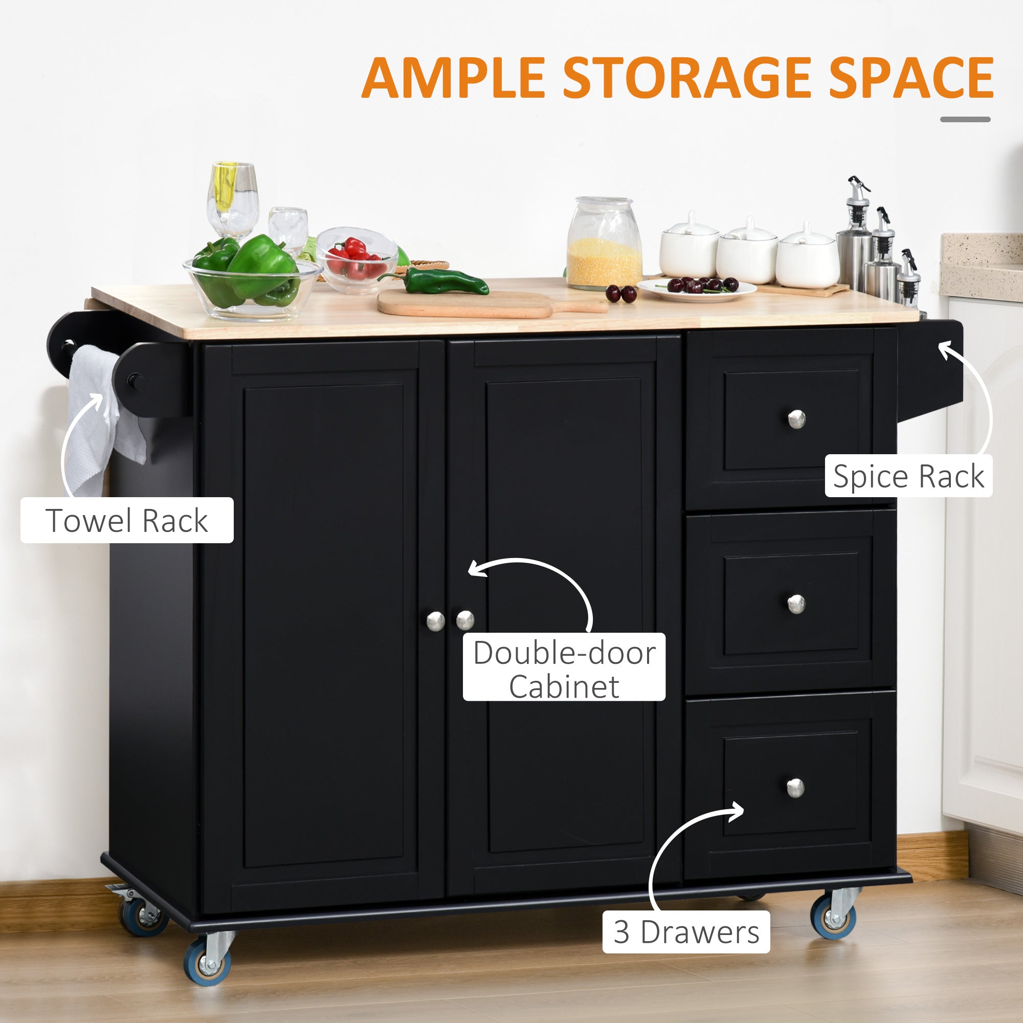 Storage Trolley Cart on Wheels, Mobile Kitchen Island with Drop Leaf, Towel/Spice Rack, 3 Drawers, 2-Door Cabinet, Black