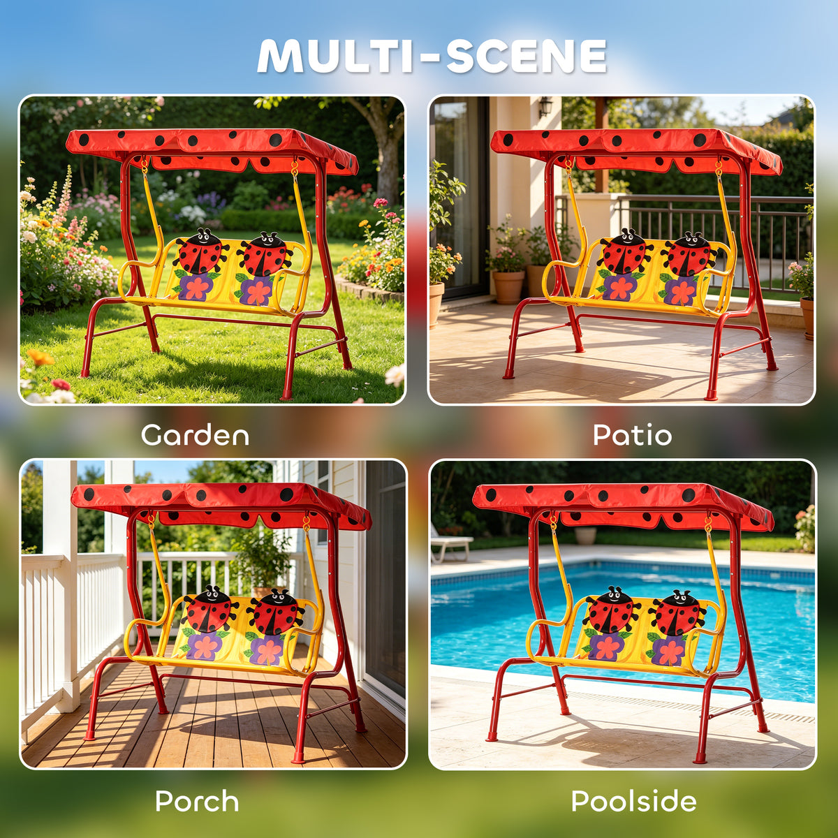Kids Patio Swing, Adjustable Canopy Swing Glider, Kids Outdoor Swing Chair with 2 Seats, Seat-Belted Safety, Red