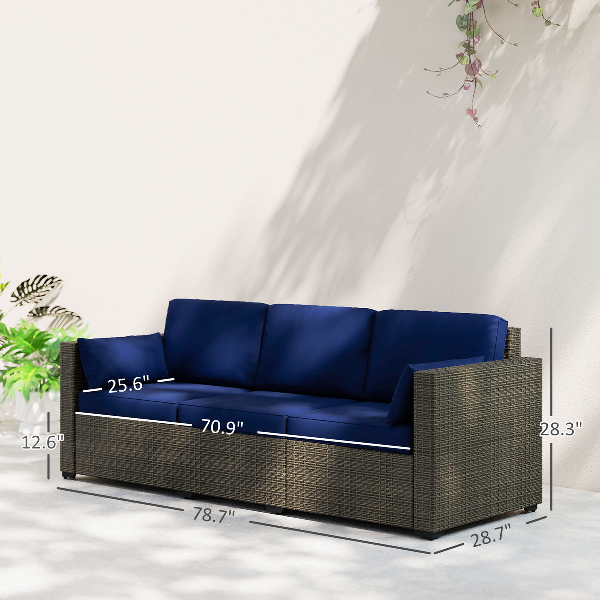 Patio Couch PE Wicker Deep Seating Outdoor Sofa with Removable Cushions, 3 Seater Rattan Sofa, Navy Blue