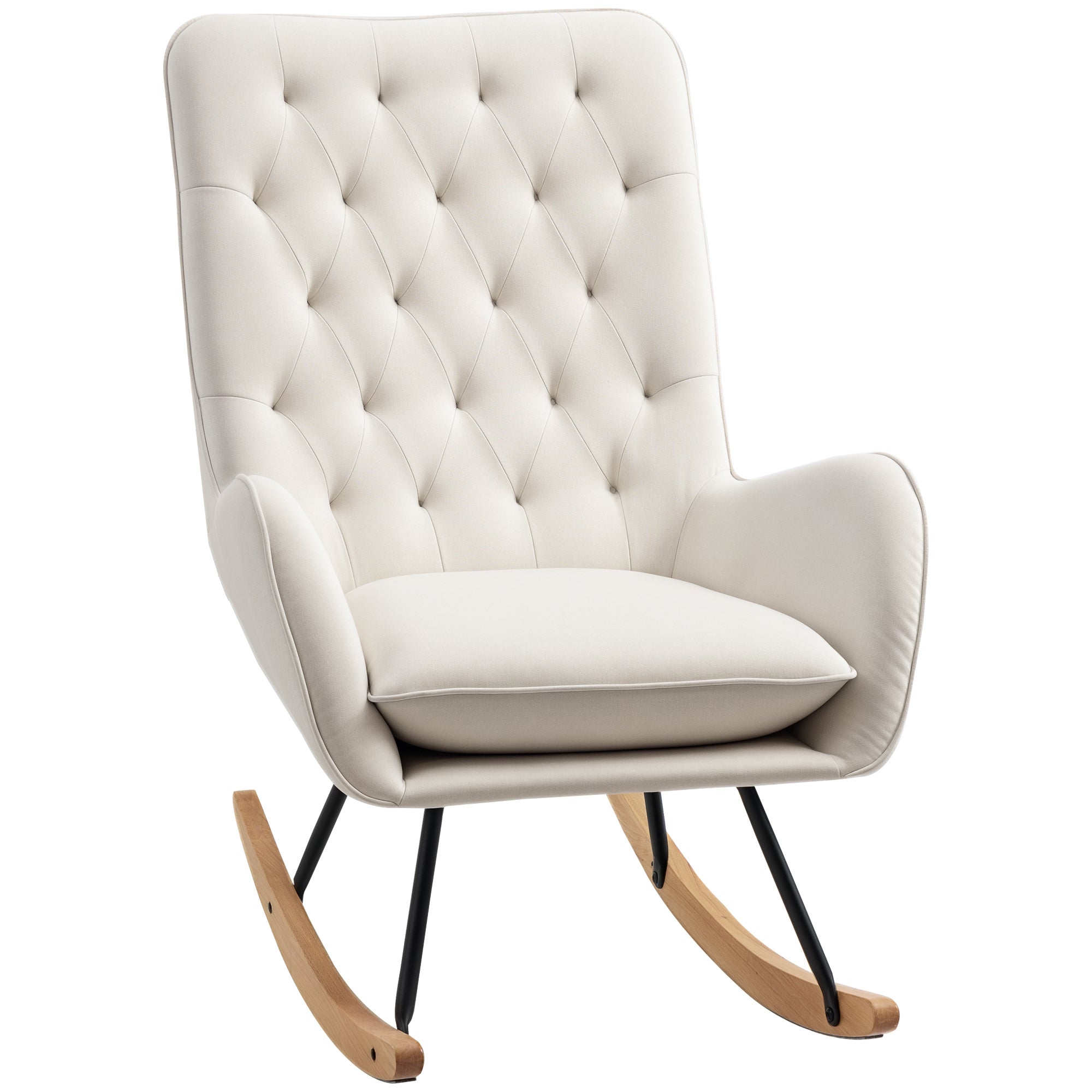 Mid-Century Fabric Rocking Chair Sofa Armchair Tufted Rocker Wingback Accent Chair with Padded Seat, Rubber Wood Base for Home Studio, Bedroom, Living Room, Cream White