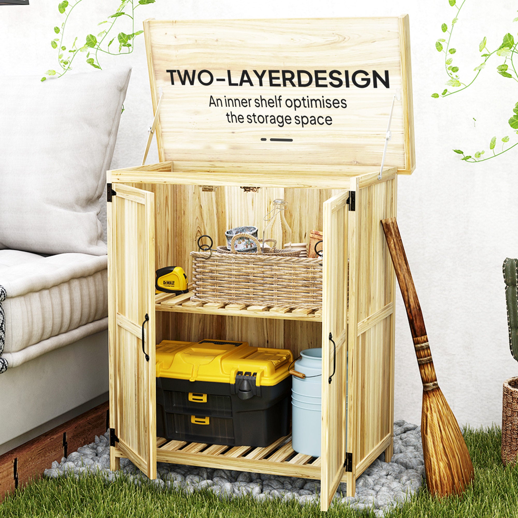 Outdoor Storage Cabinet, Garden Tool Shed with Metal Tabletop, Shelf, Wooden Potting Bench with 2 Doors, Natural Wood - Natural Wood - Image 6