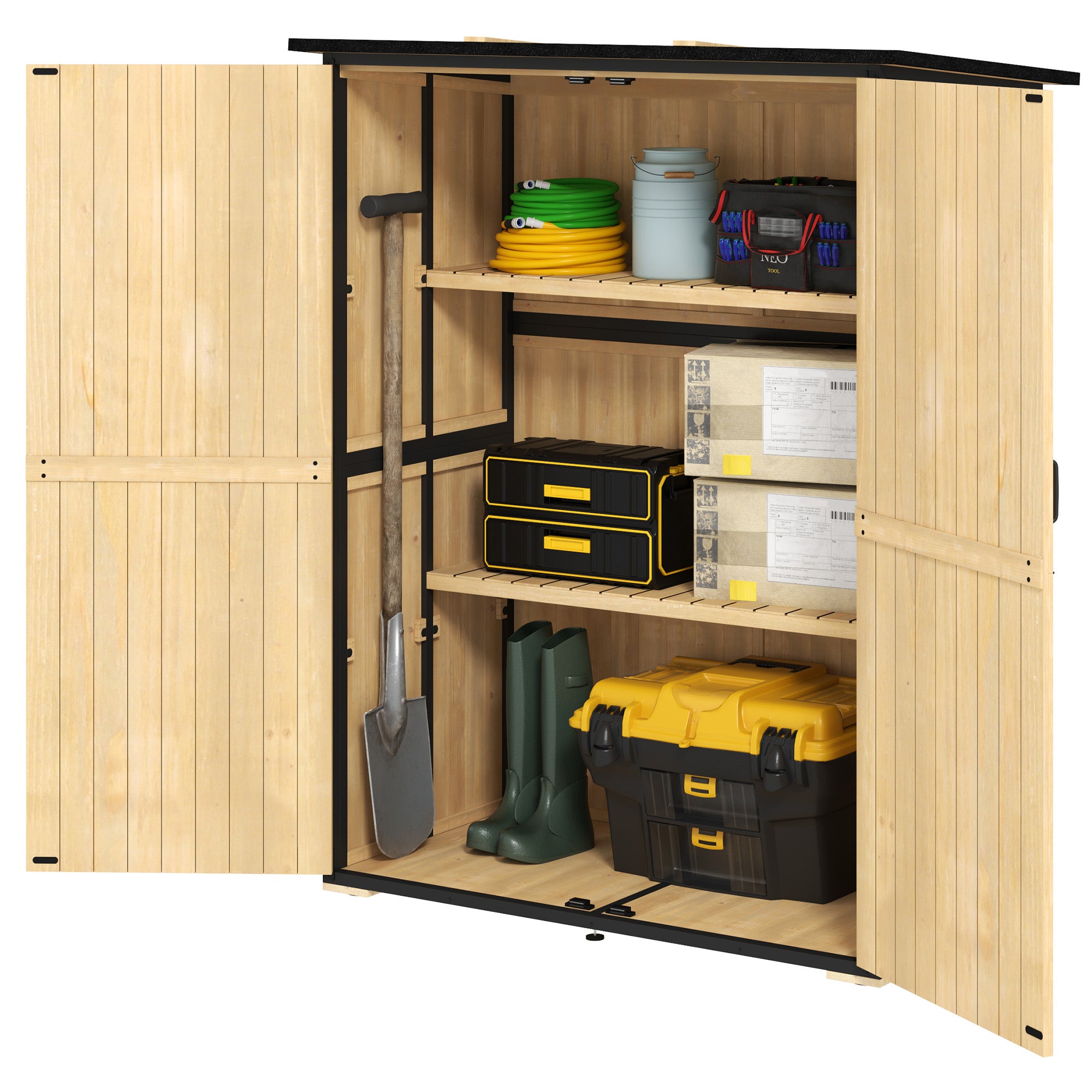Wood Storage Shed, Outdoor Garden Shed with Asphalt Roof, 2 Shelves, Lockable Doors and Adjustable Feet, Natural - Natural Wood