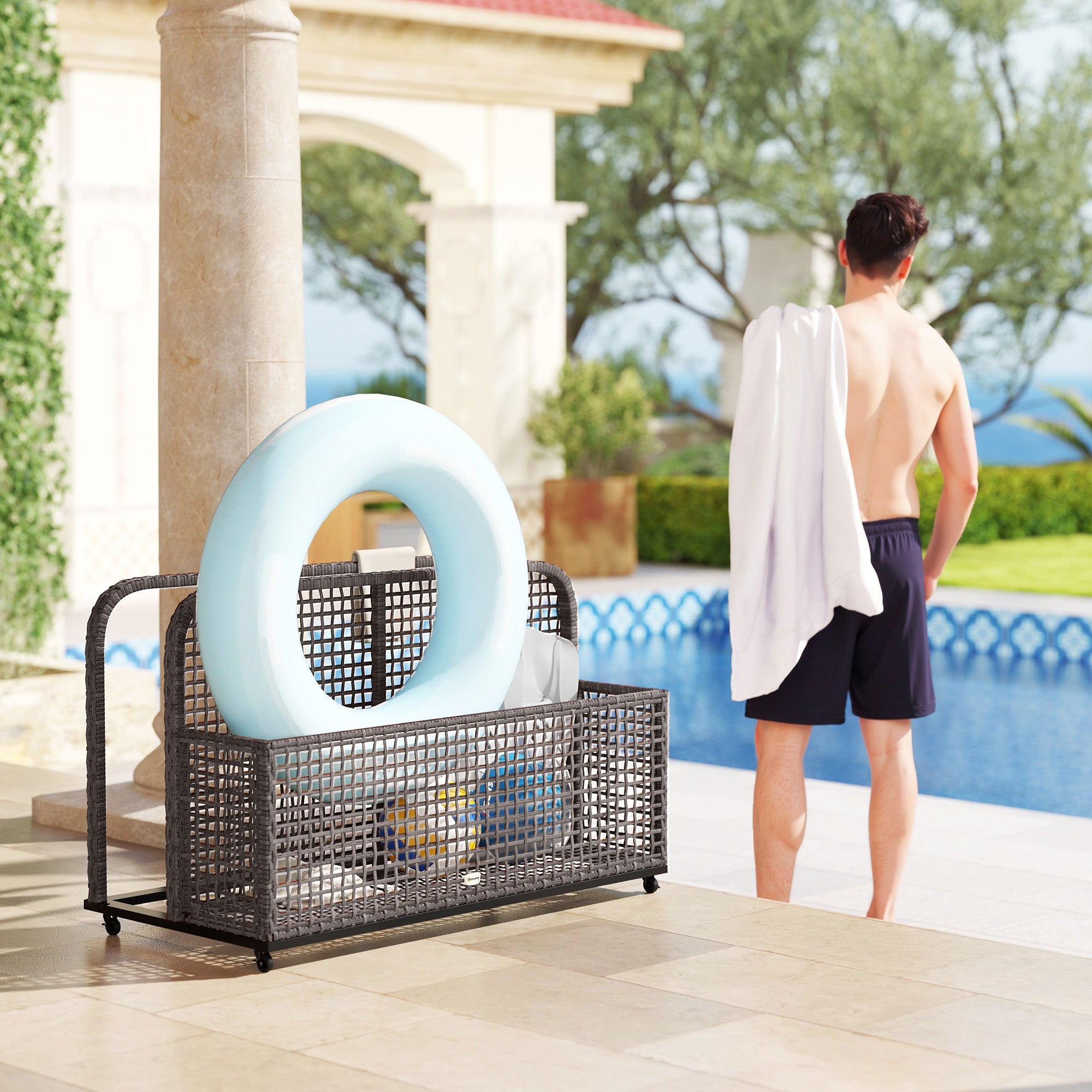 Pool Float Storage, Pool Caddy, with Wheels, 43.25" L x 22.5" W x 28" H, Light Gray