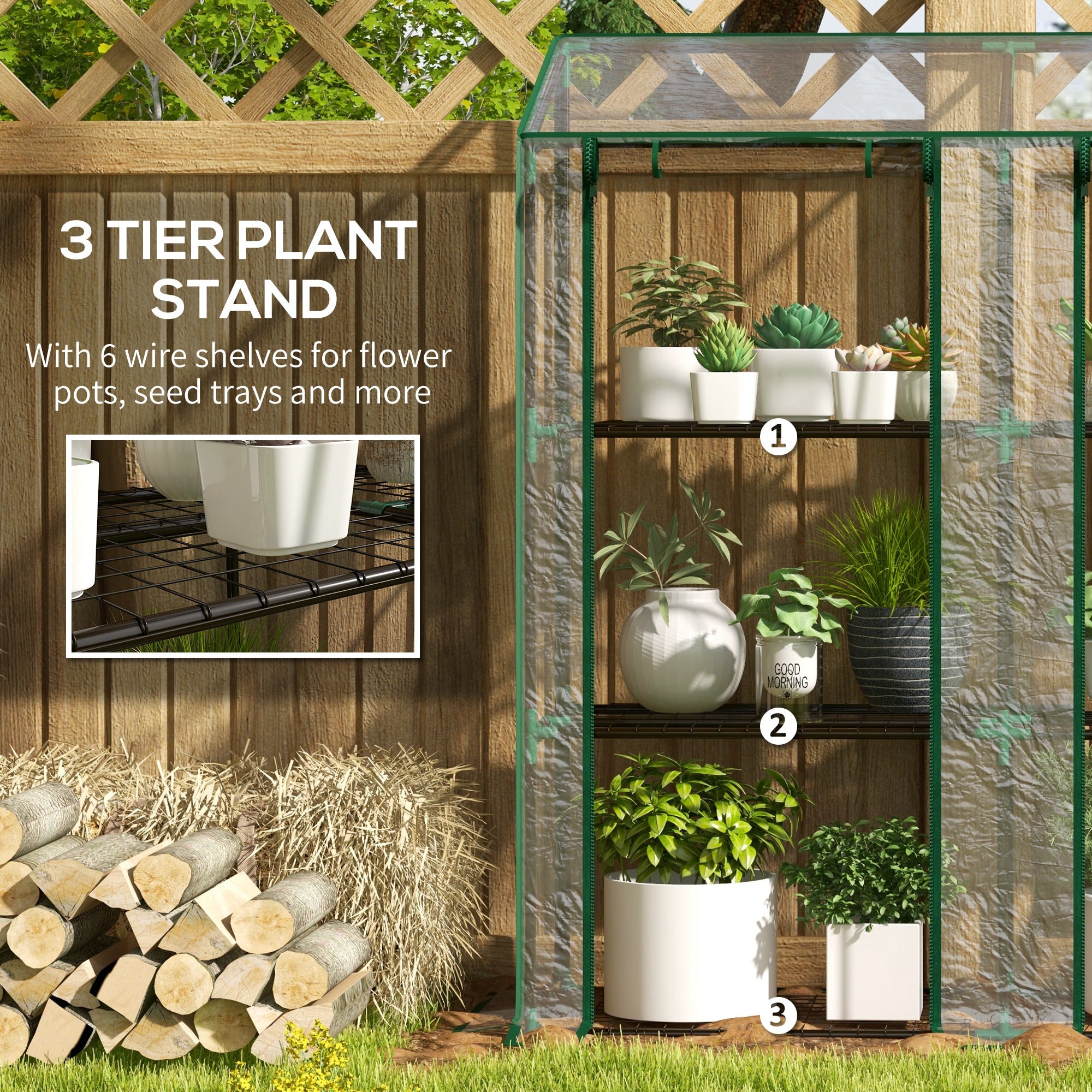 Lean-to Greenhouse, Portable Greenhouse with 3 Tier Shelves, 2 Roll-Up Zippered Doors, 56.3" x 18.1" x 59.4", Clear - Clear - Image 5