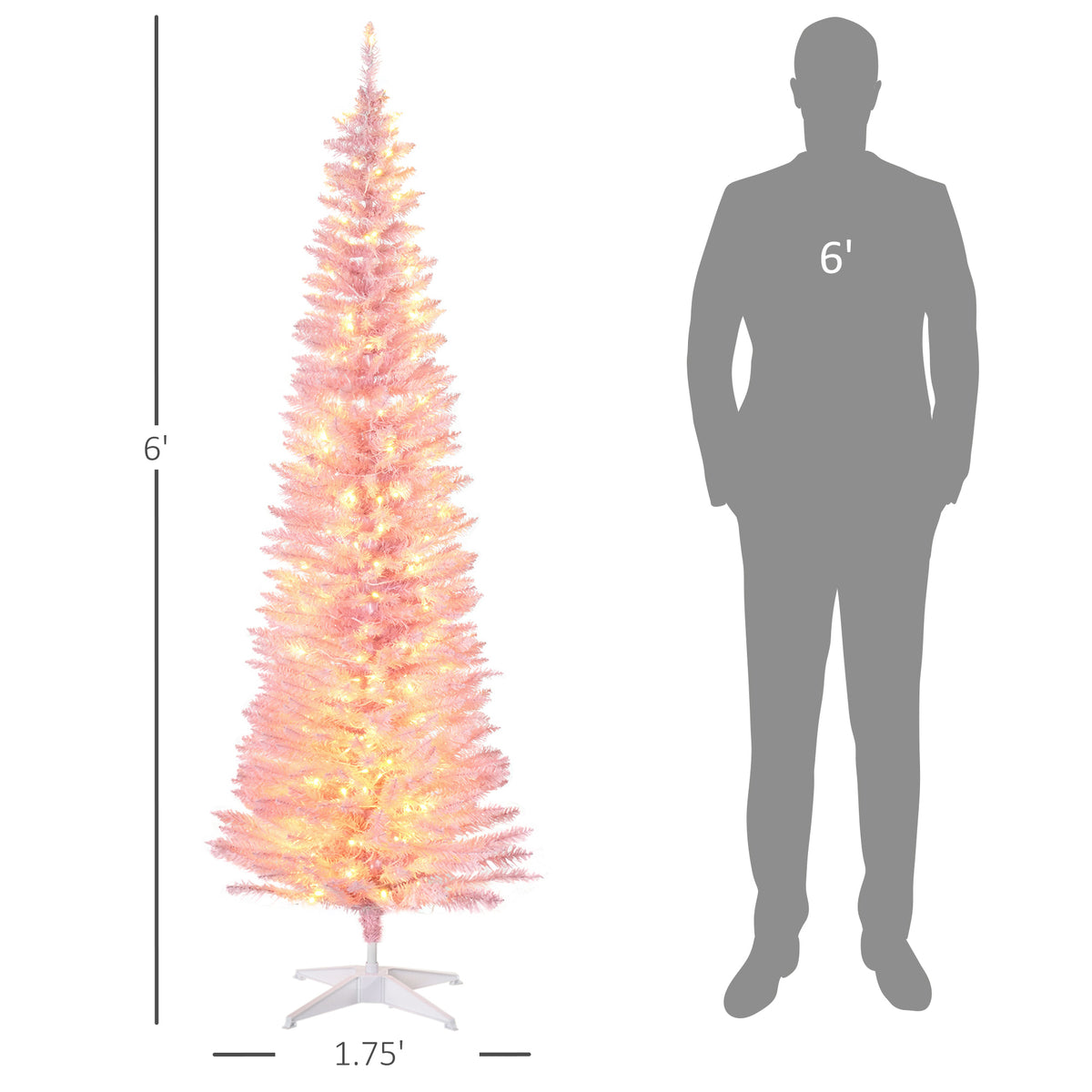 6ft Pencil Christmas Tree, Slim Artificial Christmas Tree with Realistic Branches and Warm White LED Lights, Pink