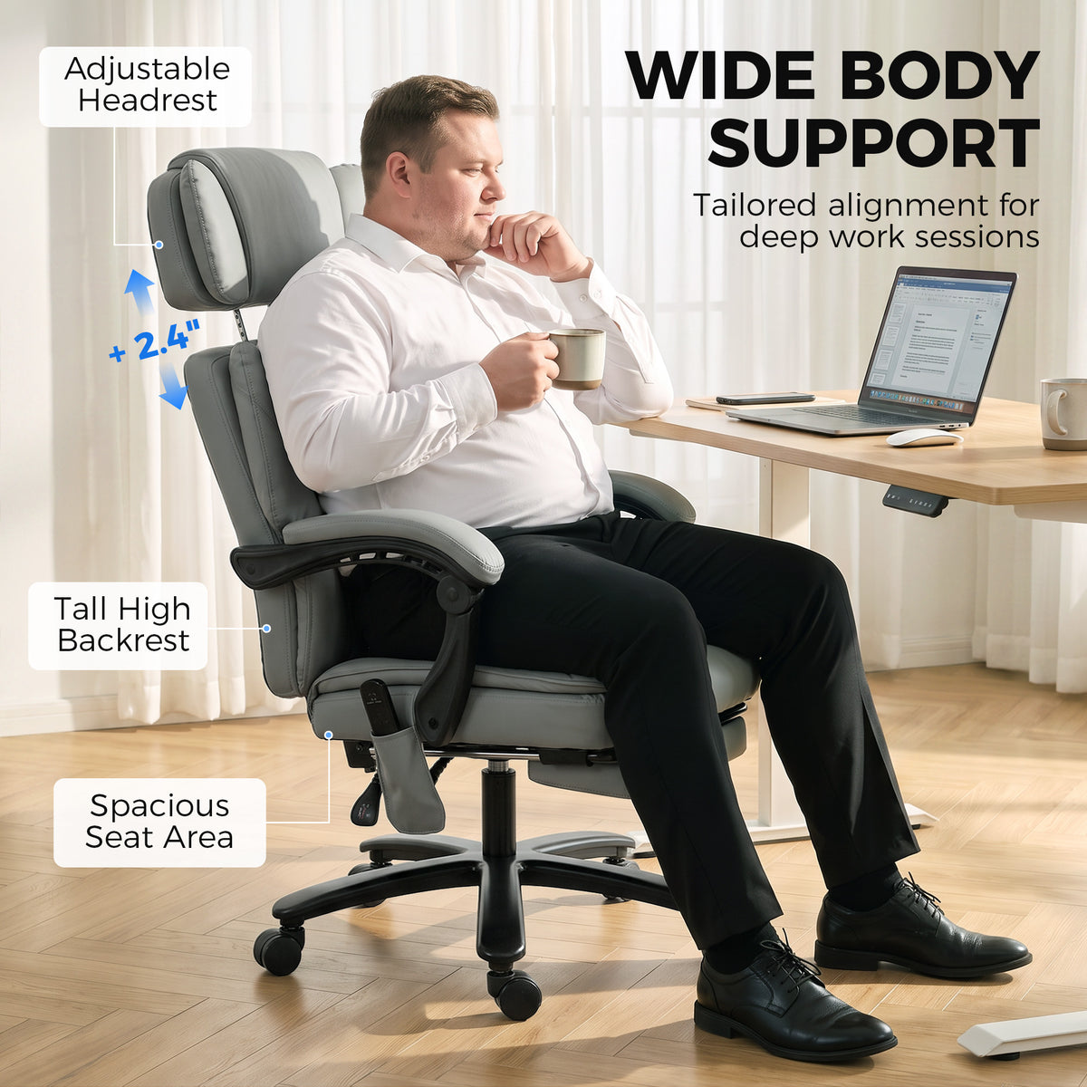 Massage Office Chair with Heat, 400lbs Heavy Duty Desk Chair with Adjustable Headrest, Reclining, Footrest, Light Gray