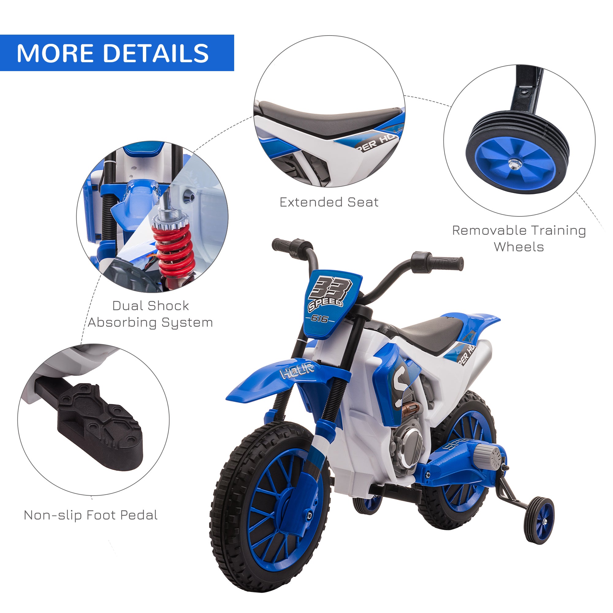 12V Kids Motorcycle w/ Treaded Tires, 5mph Top Speed Electric Bike for Kids, Ride On Motorcycle w/ Training Wheels, Battery Charger, Spring Suspension, Blue