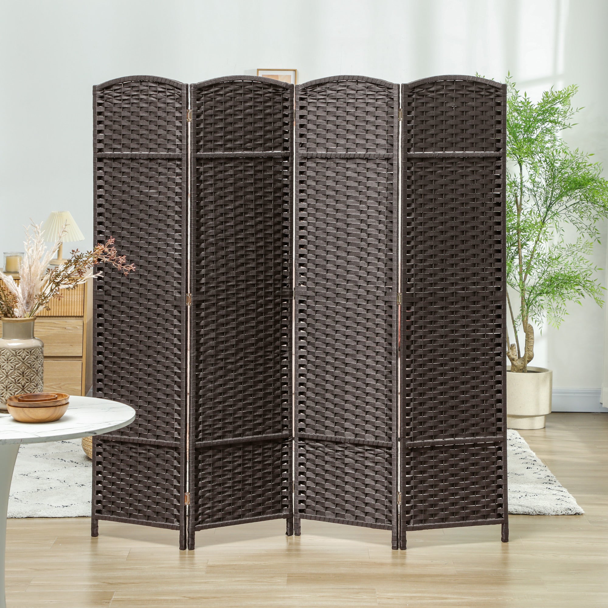 Folding Room Divider Screen 4 Panel 5.6 ' Tall Privacy Screen Freestanding Room Partition for Home Office, Brown