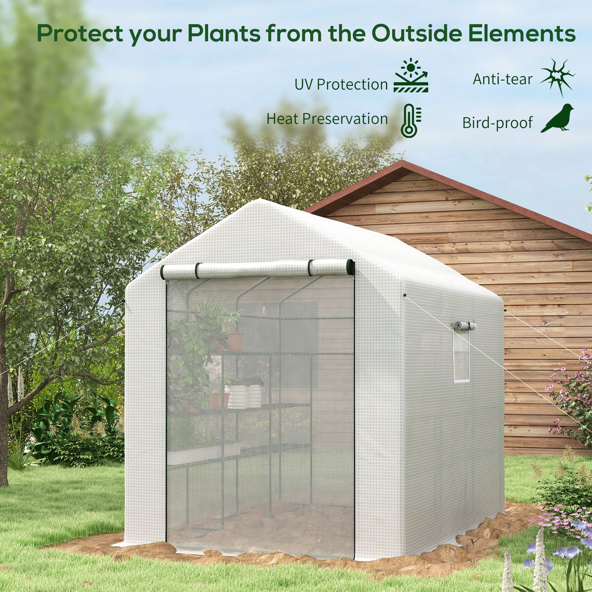 8' x 6' x 7' Portable Walk in Greenhouse with Mesh, Door, Windows, 18 Shelf, Trellis, Plant Labels, White - White - Image 4