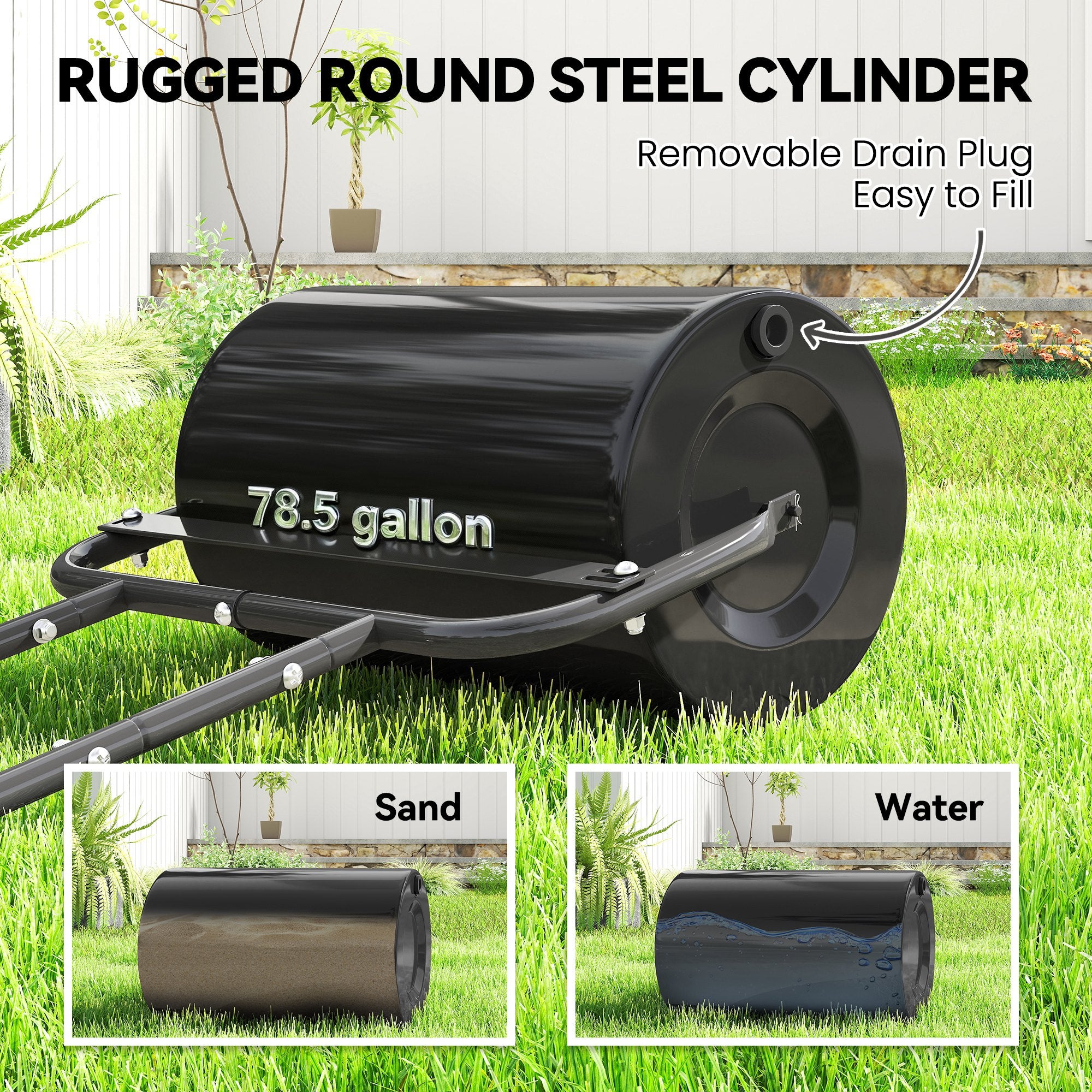 20-Inch Push/Tow Behind Lawn Roller Filled with 10 Gal Water or Sand for Flattening Sod in the Garden, Black - Black - Image 4