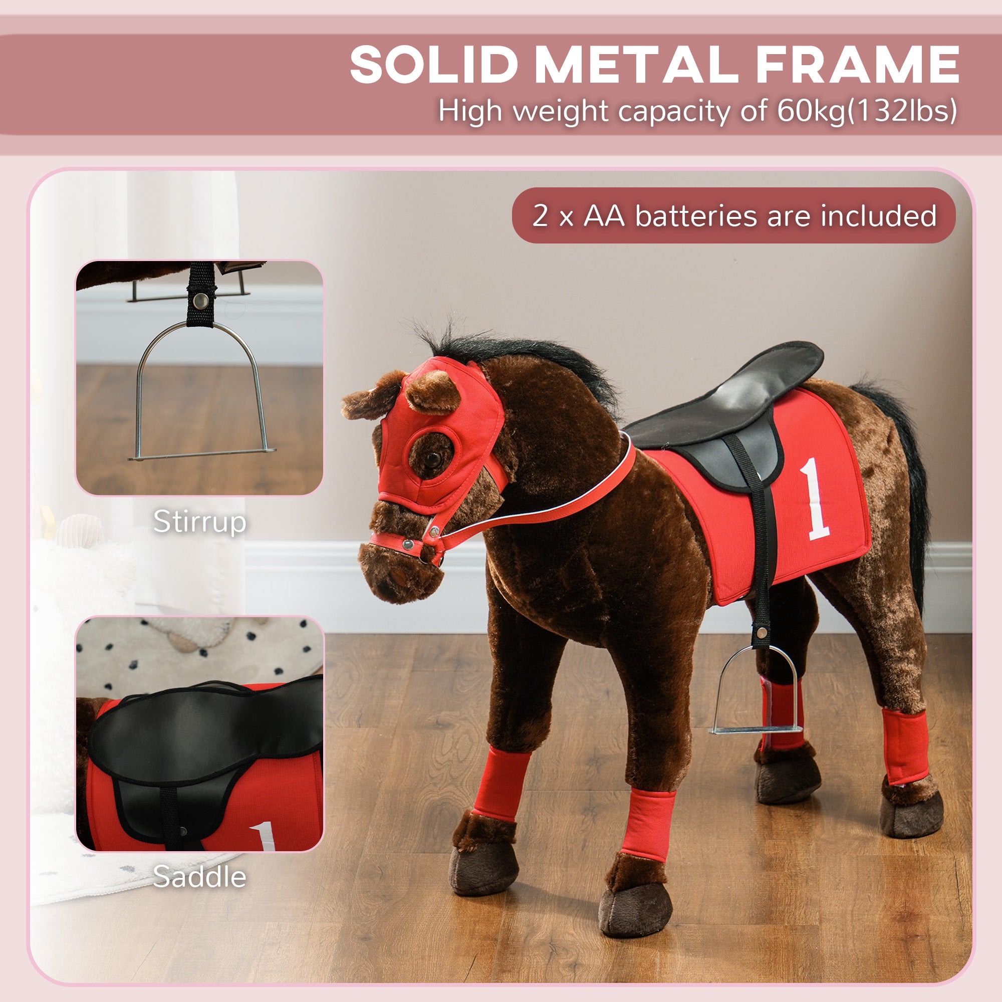Ride on Horse for Kids 3-8 Years Old w/ Neighing Sound, Saddle & Stirrups