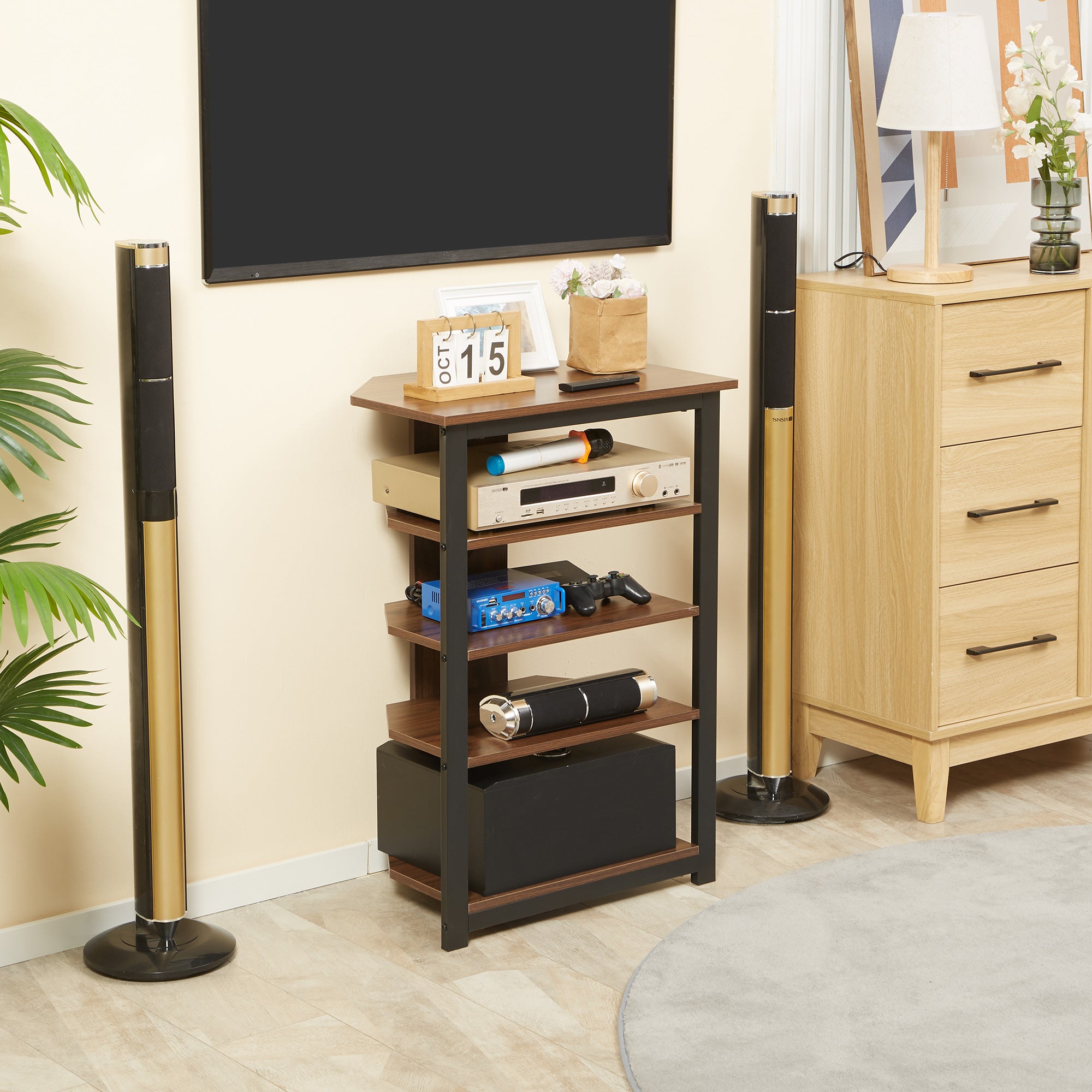 Media Stand with 4-Tier Audio Rack AV Media Corner Shelf with Cable Management for DVD Players Game Console TV Box Cable Box Xbox WiFi Router, Brown