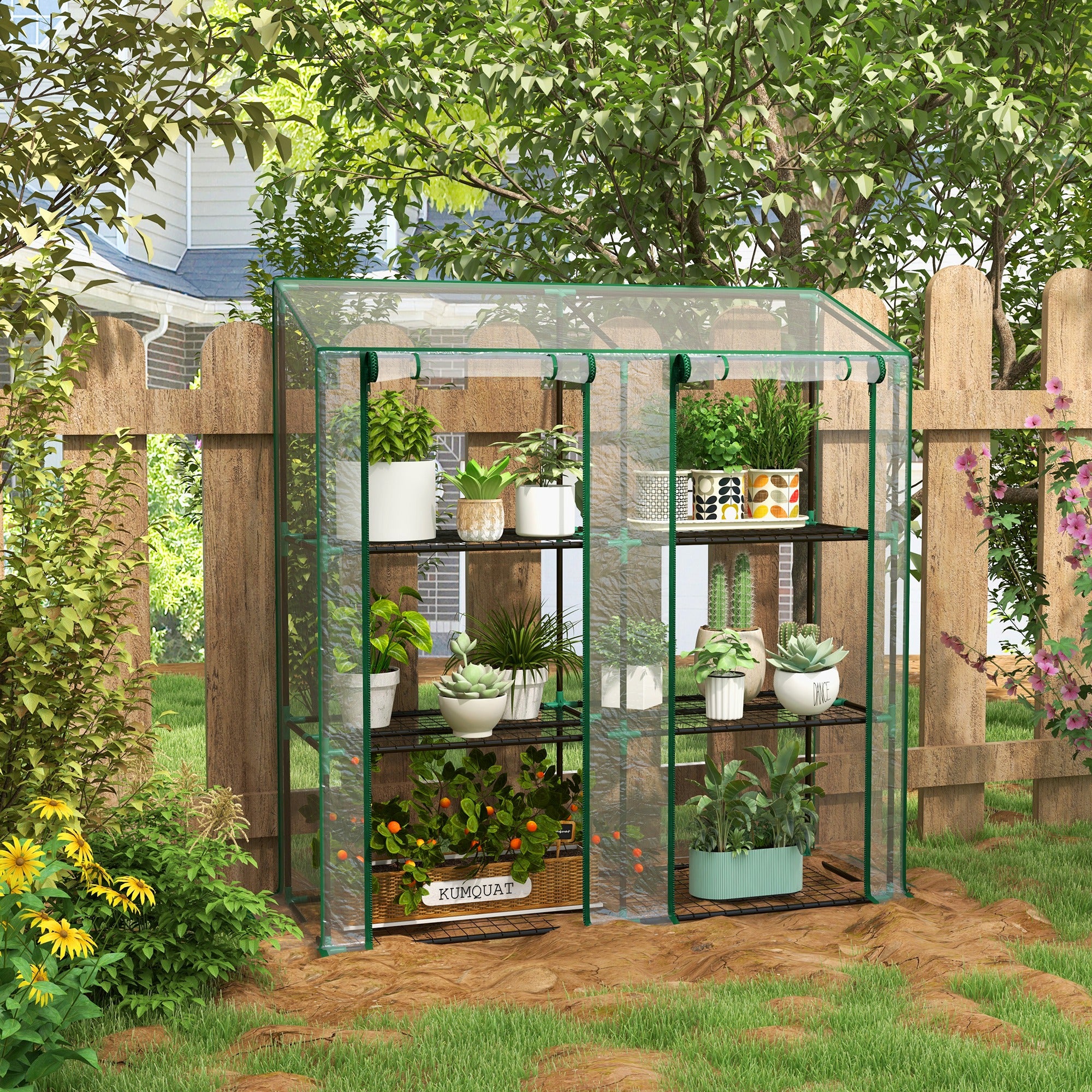 Lean-to Greenhouse, Portable Greenhouse with 3 Tier Shelves, 2 Roll-Up Zippered Doors, 56.3" x 18.1" x 59.4", Clear - Clear - Image 2