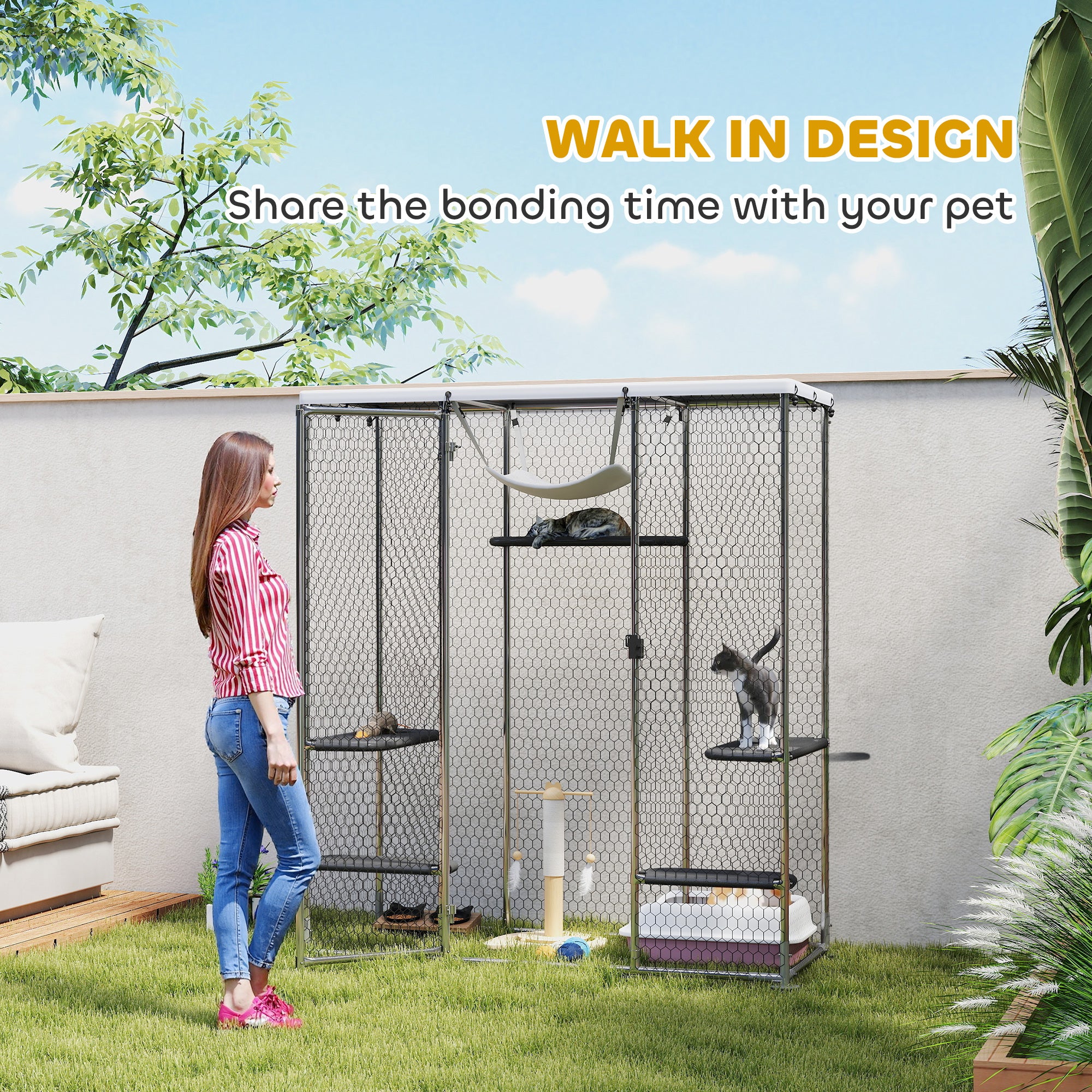 Catio Outdoor Cat Enclosure, Galvanized Steel Walk-in Cat Cage with Waterproof Cover, 5 Adjustable Platforms, Hammock - Silver - Image 7