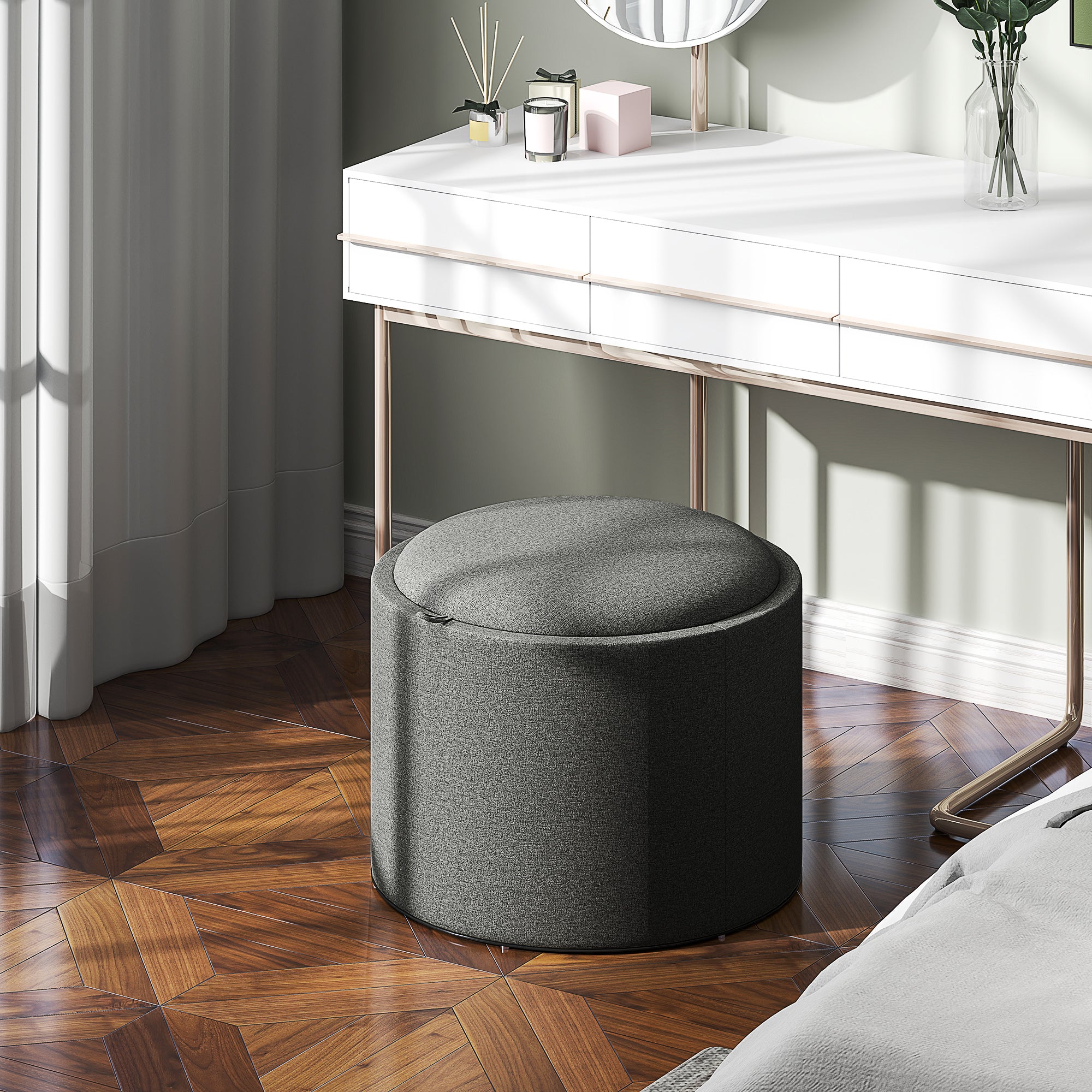 Round Storage Ottoman Coffee Table with Flip Top Tray, Linen Fabric Upholstered Footstool with Hidden Compartment