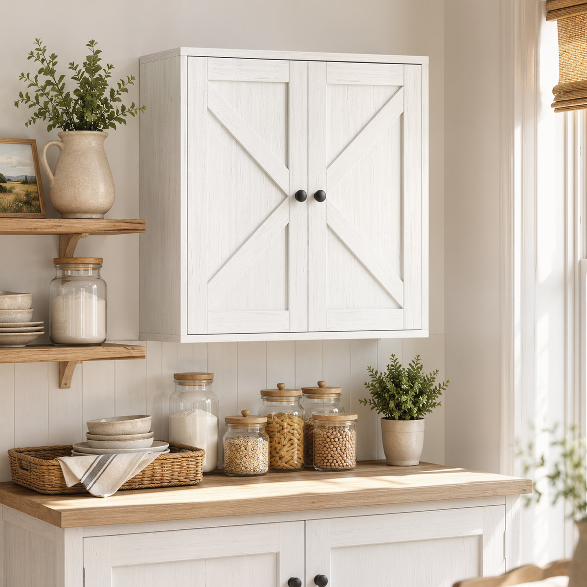 Bathroom Wall Cabinet, Farmhouse Bathroom Cabinet Wall Mount with 2 Shelves, White Wood Grain