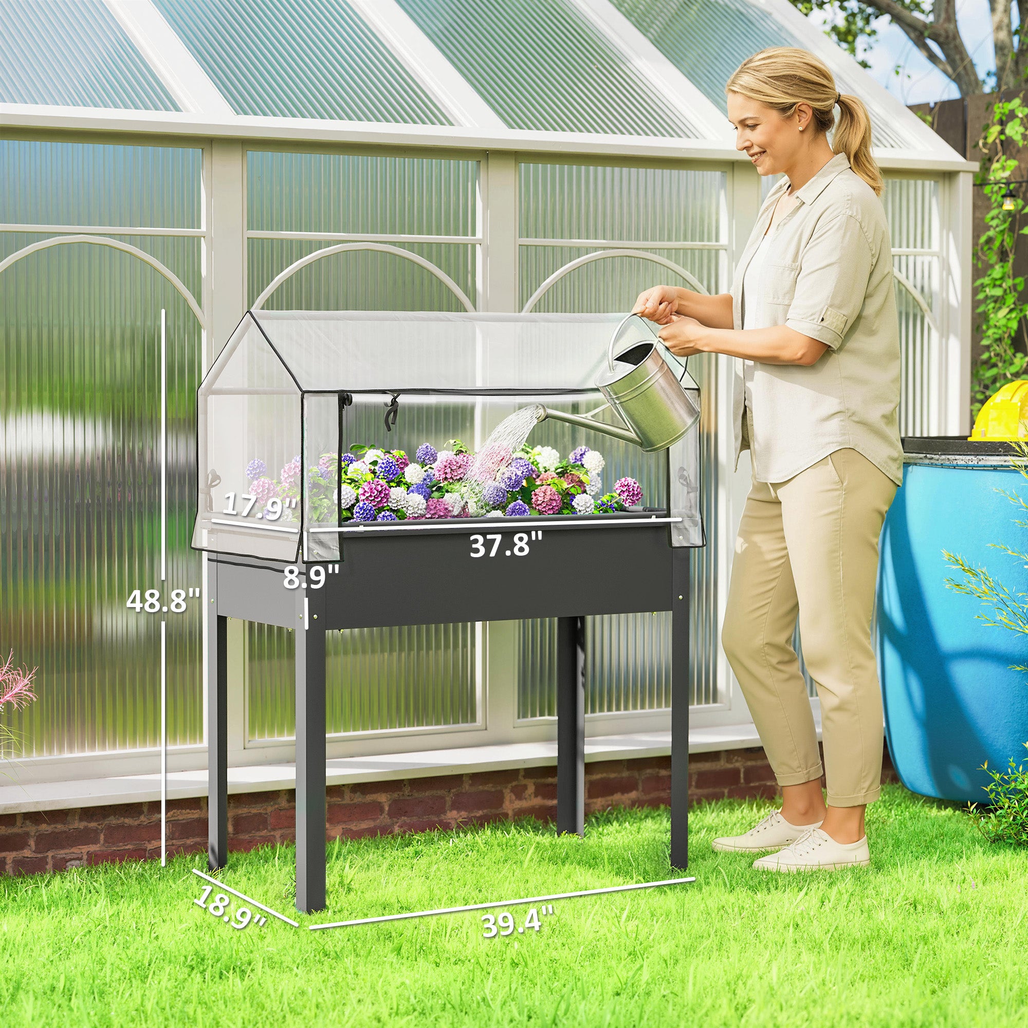 Elevated Garden Box with Greenhouse Cover, Raised Garden Bed with Legs and Drainage Hole for Vegetables, Dark Gray - Dark Gray - Image 3