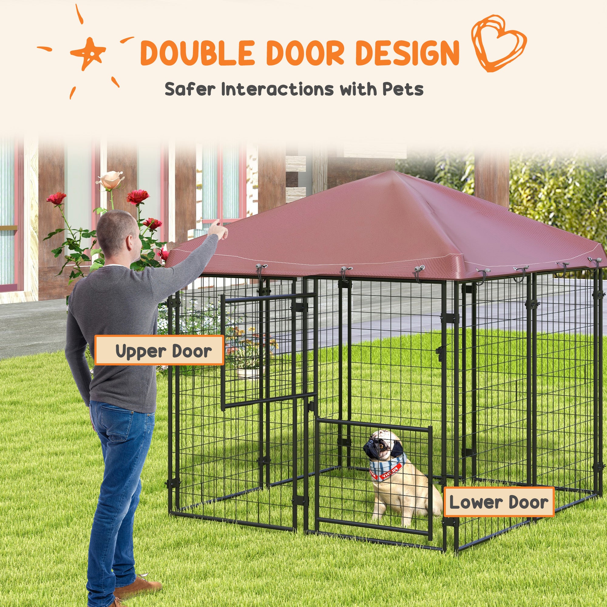 4.6' x 4.6' x 5' Dog Kennel Outdoor with Waterproof Canopy, Large Door - Brown - Image 6