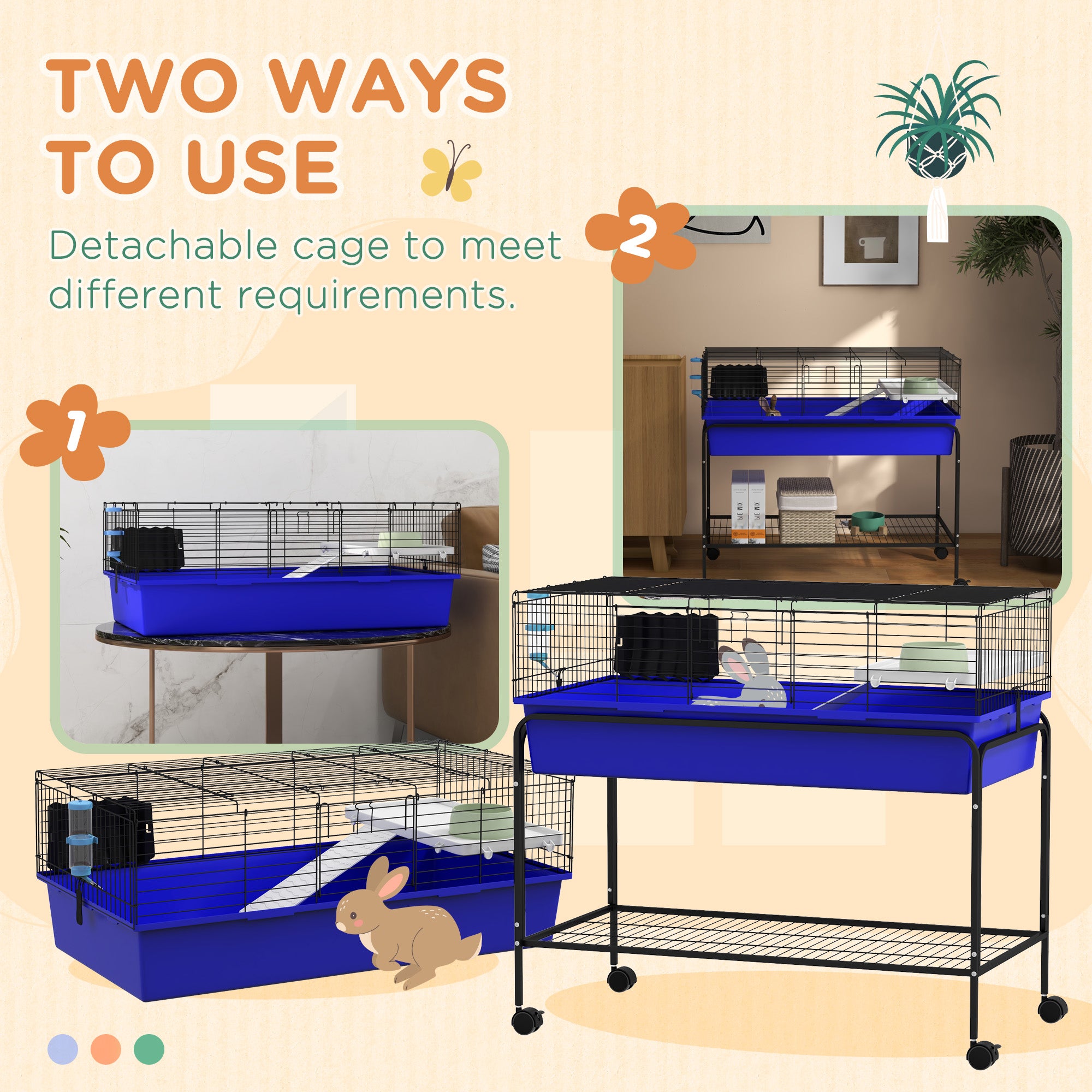Two-Story Small Animal Cage Removable from Stand, Pet Habitat with Shelf & Wheels, 39" x 20.5" x 36.5", Blue - Blue - Image 4