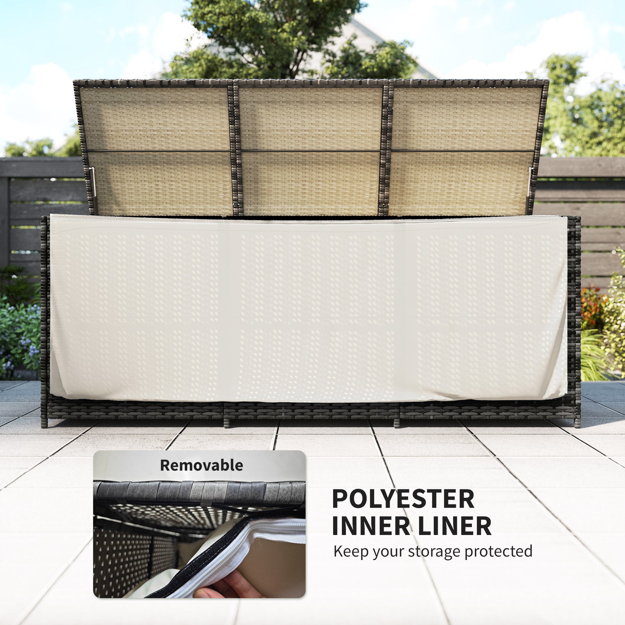 175 Gallon Outdoor Storage Box with Inner Liner, PE Rattan Wicker Deck Box with Pneumatic Bar Lift, Mixed Gray - Gray - Image 5