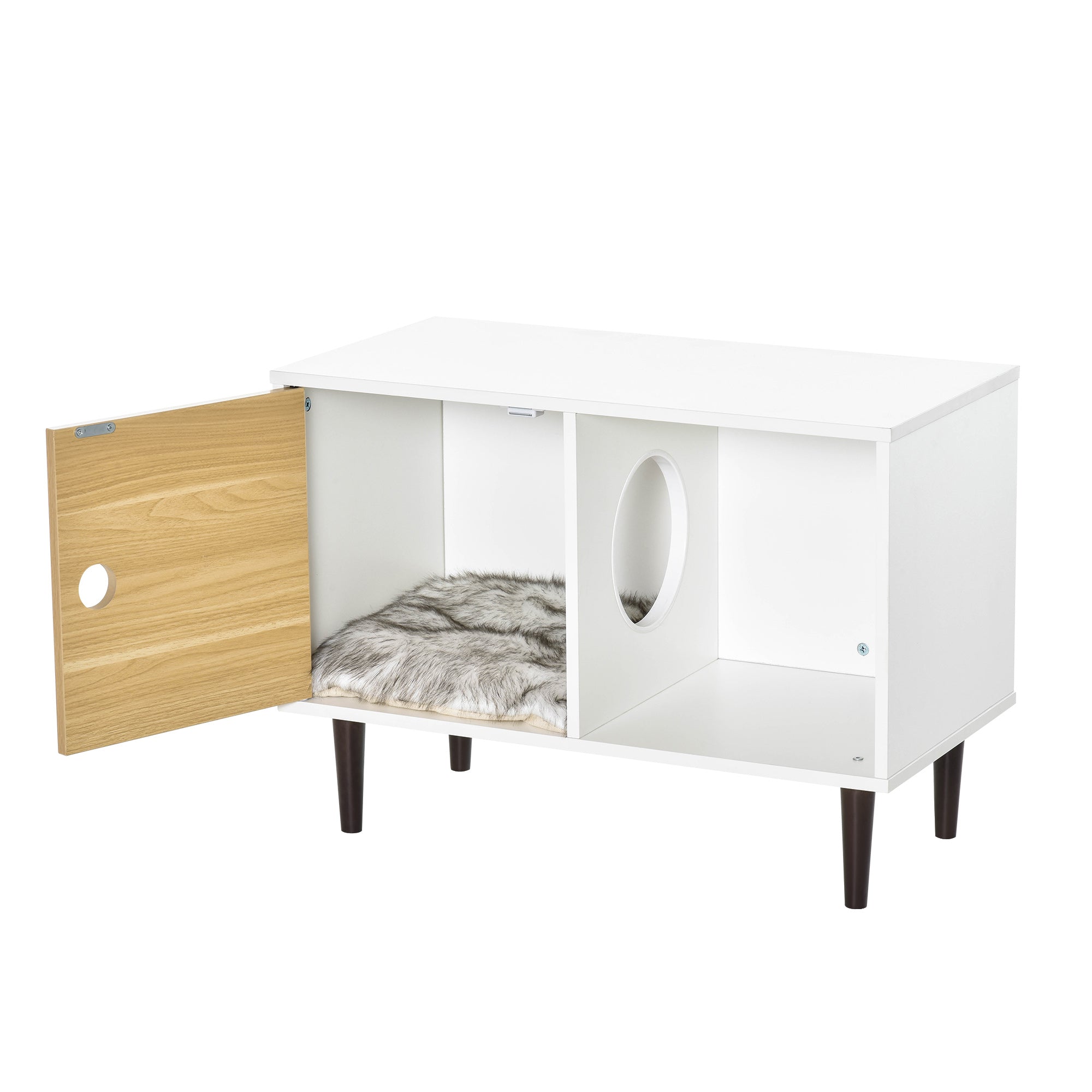 Wooden Cat House with Soft Cushion, Decorative Kitten Condo Side Table, Elevated Pet House with Storage Space - White - Image 8