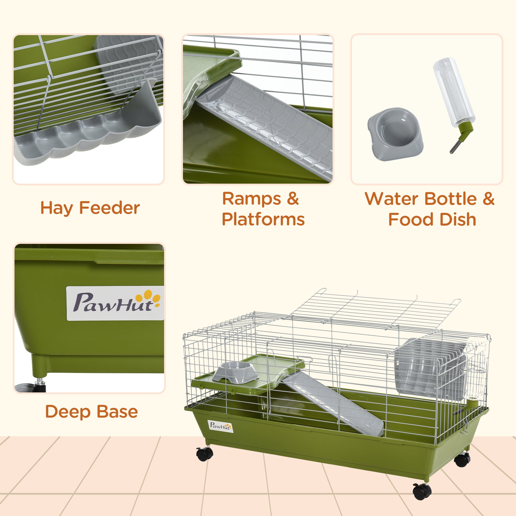 35"L Small Animal Cage, Rolling Bunny Cage, Guinea Pig Cage with Food Dish, Water Bottle, Hay Feeder, Platform, Ramp for Chinchilla, Green - Green - Image 6