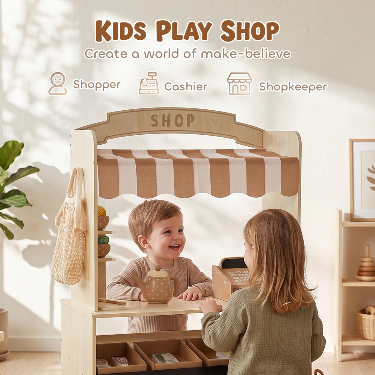 Wooden Grocery Store Playset Pretend Play with Play Food, Cash Register, Chalkboard, 61 Accessories for Boys & Girls 3-8