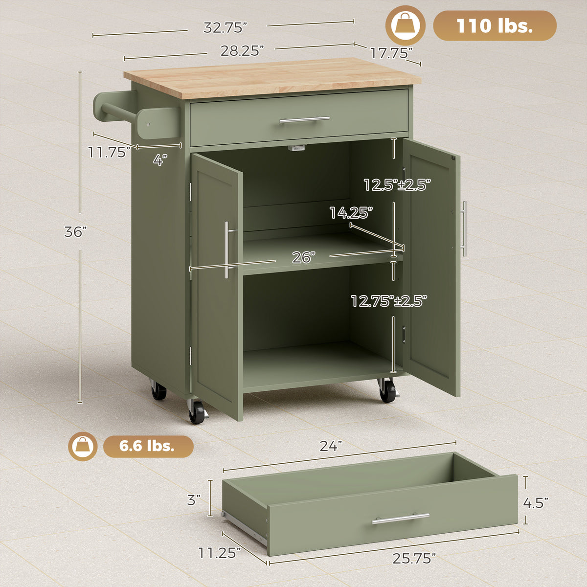 Kitchen Island Cart, Rolling Island Table with Solid Wood Top, Trolley Cart with Drawer, Storage Cabinet, Green
