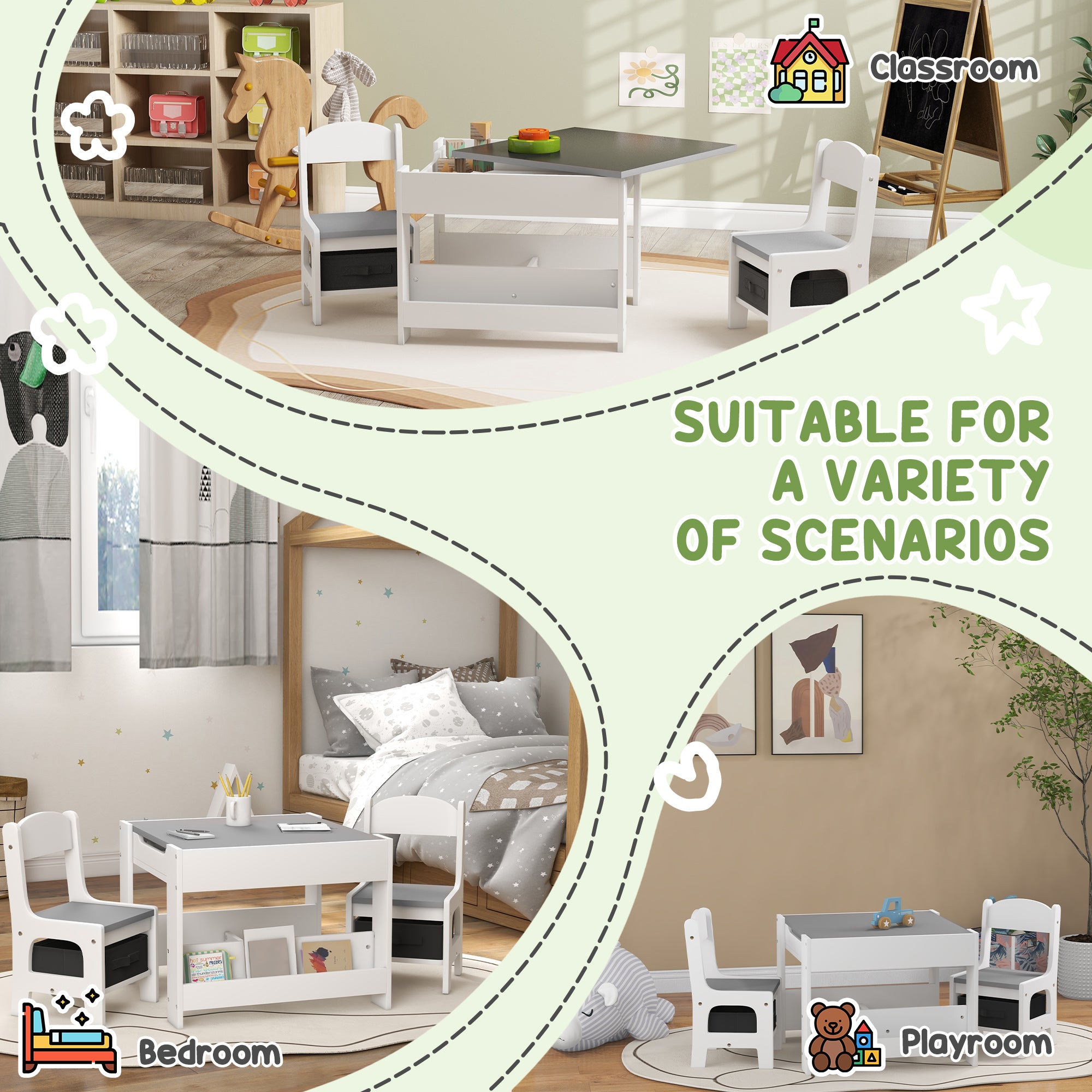 3pc Kids Table and Chair Set with Reversible Tabletop Blackboard, Storage & Bookshelves, Gray