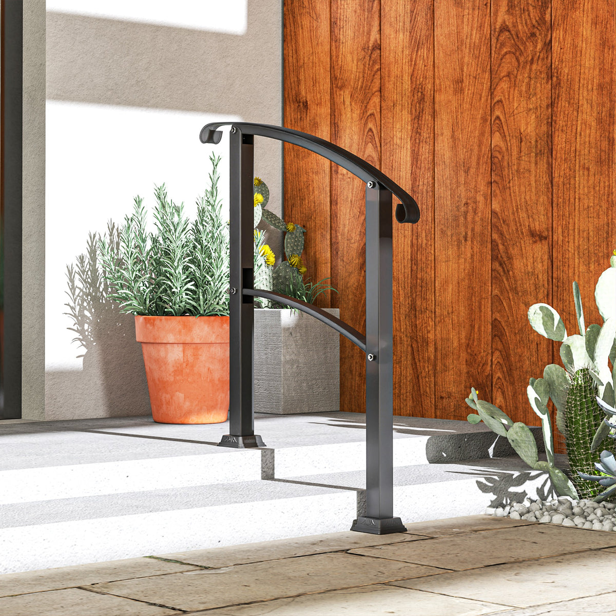 1-3 Step Metal Handrails for Outdoor Steps, Porch Deck Stair Railing with Installation Kit for Concrete Steps, Black