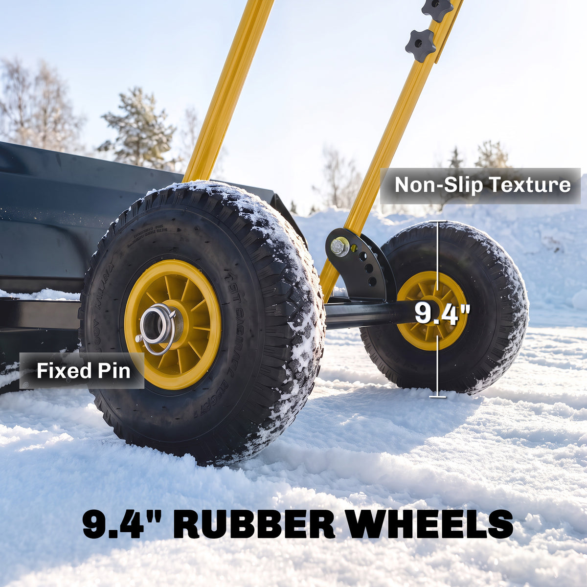 Snow Shovel with Wheels, 29" x 16.5" Metal Snow Pusher with Adjustable Handle, 5-Angle Blade for Driveway, Yellow