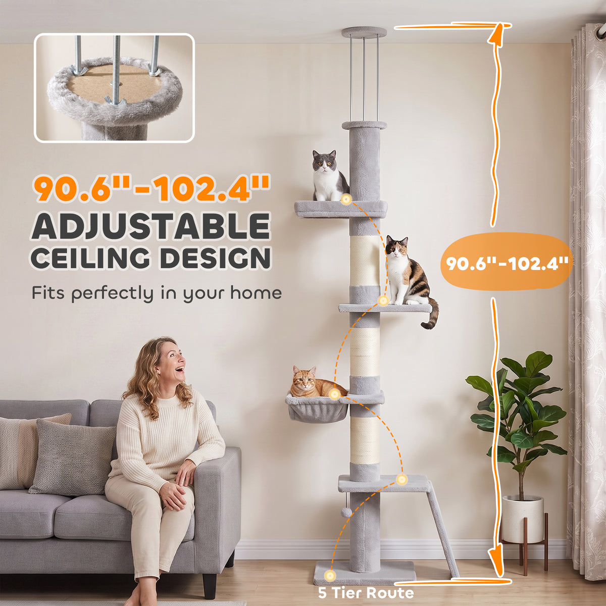 90.6" -102.4" Floor-to-Ceiling Cat Tree Adjustable Height with 3-Rod Support, 5-Level Cat Tower, Light Gray